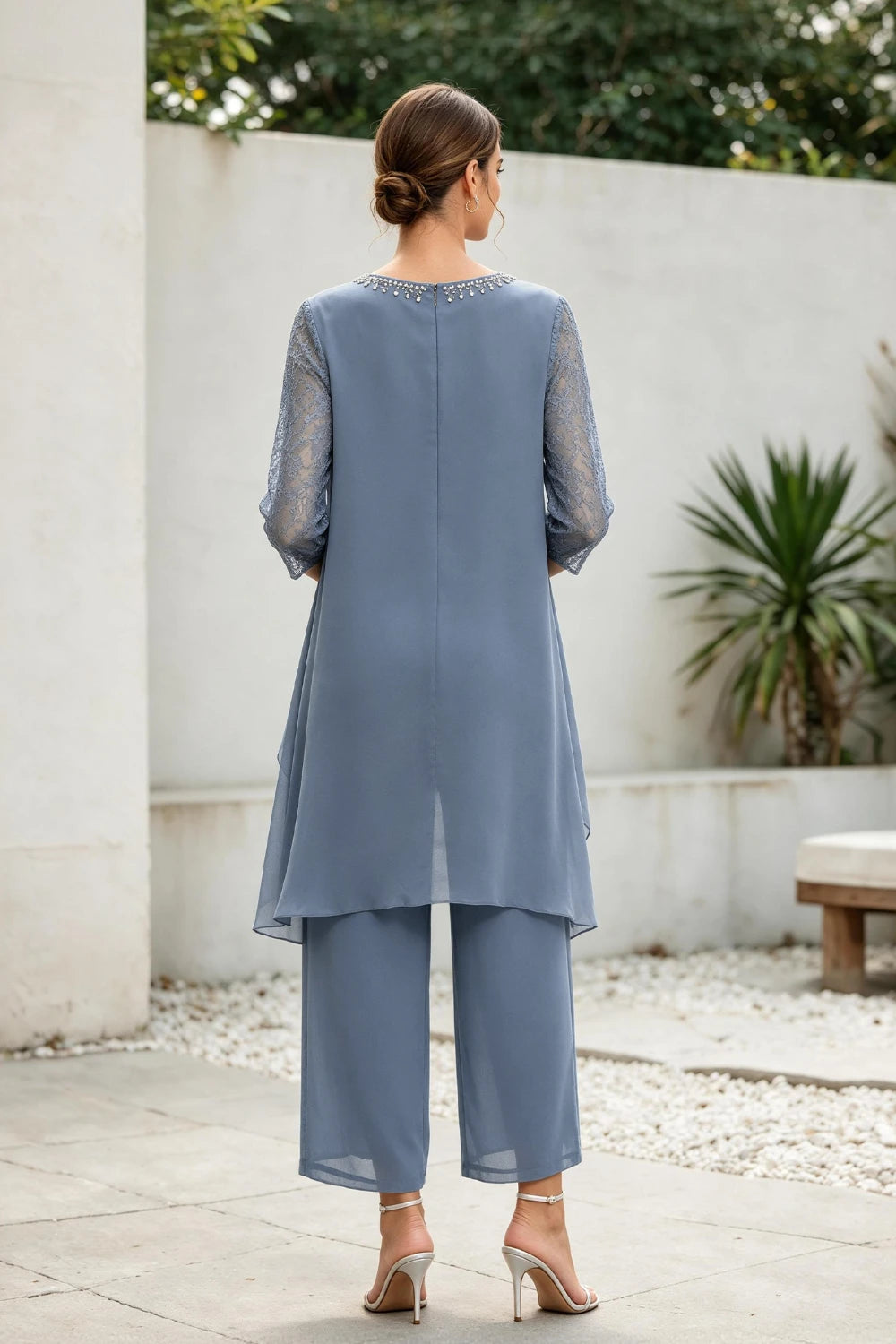 Dusty Blue Cross-Tier Lace-Sleeve Chiffon Pant Suit