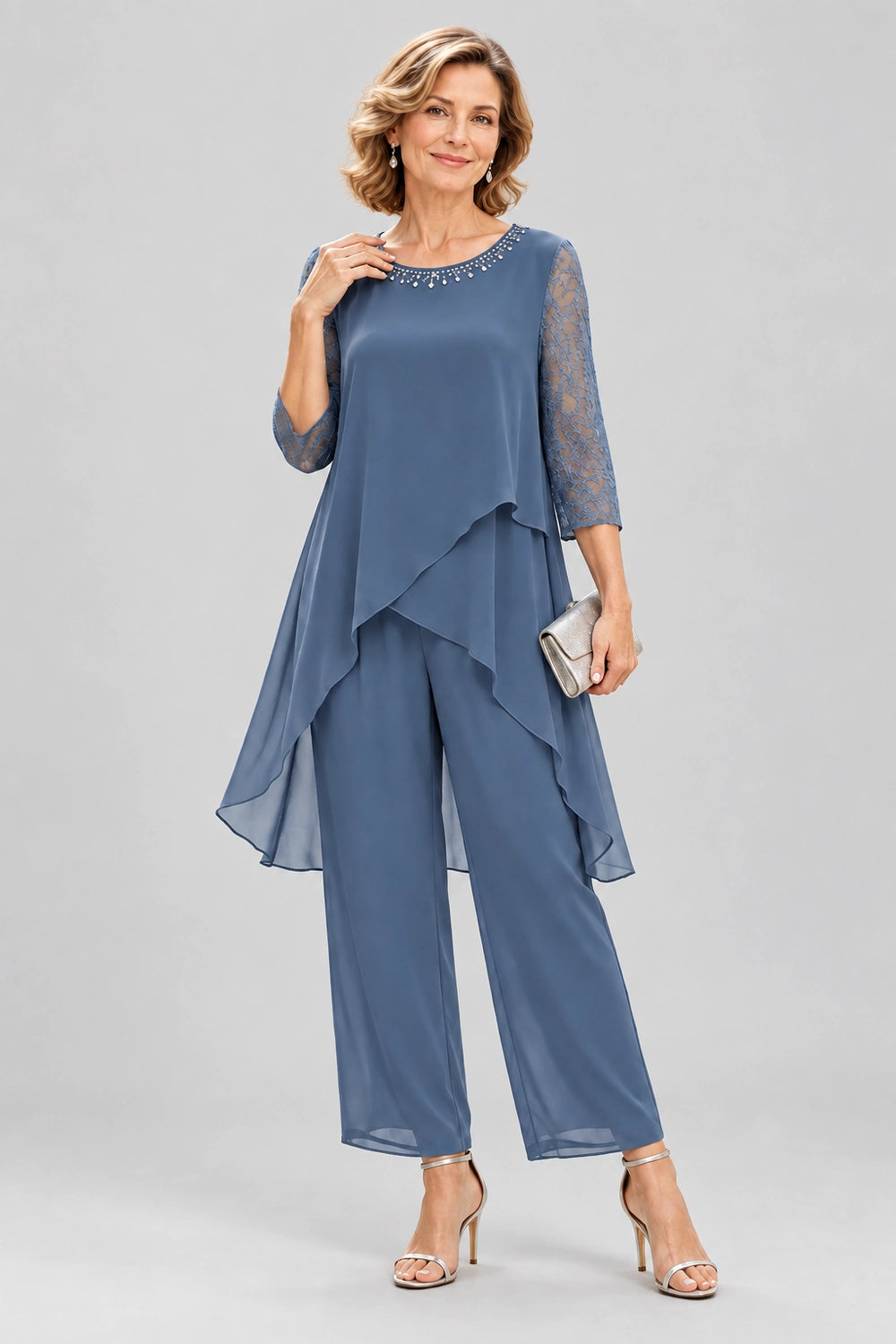 Cross-Tier Lace-Sleeve Chiffon Pant Suit