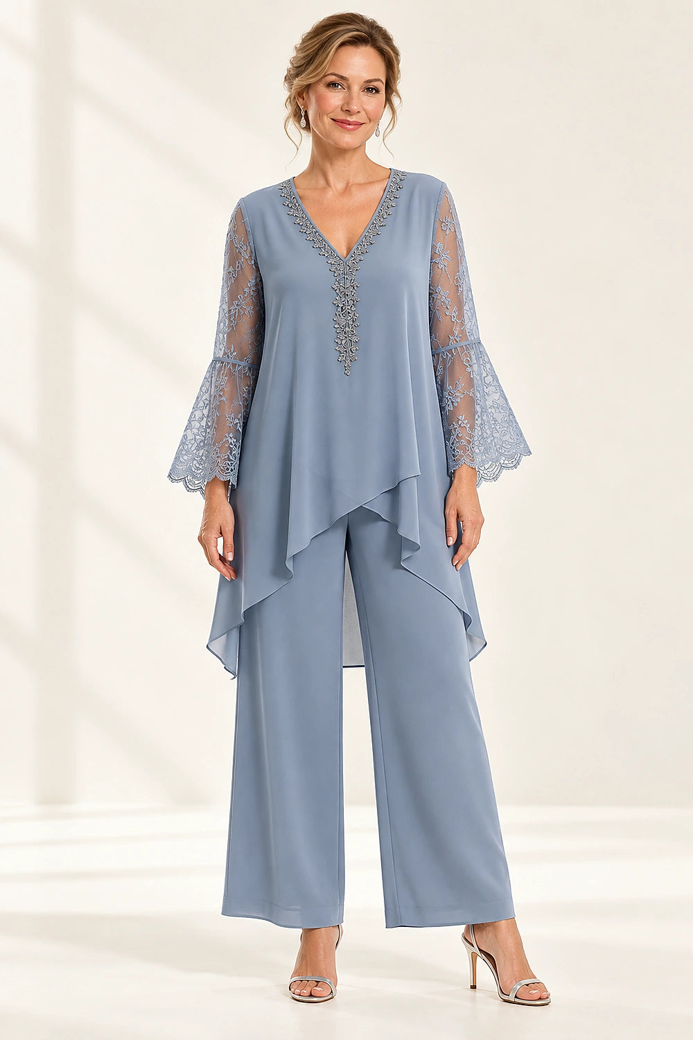 Beaded Lace V Neck Chiffon Pant Suit