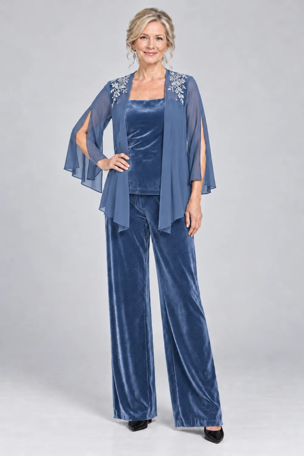 Dusty Blue pant suit with floral shoulder embroidery and square-neck top, front view.