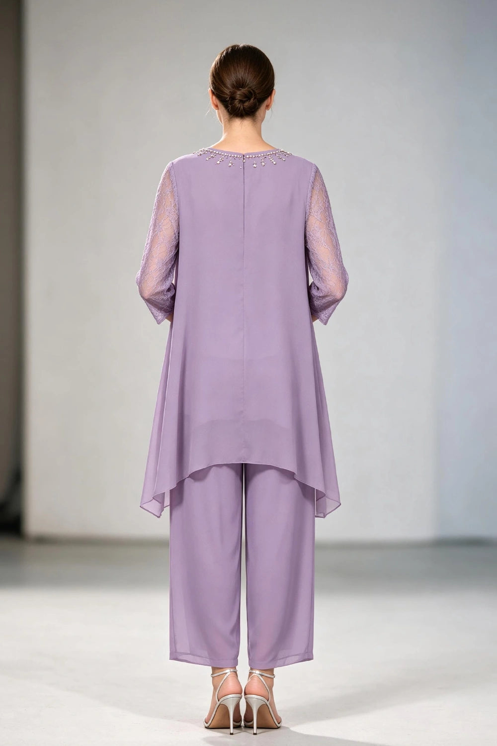 Dusty Lavender Lace-Sleeve Handkerchief-Hem Chiffon Pant Suit