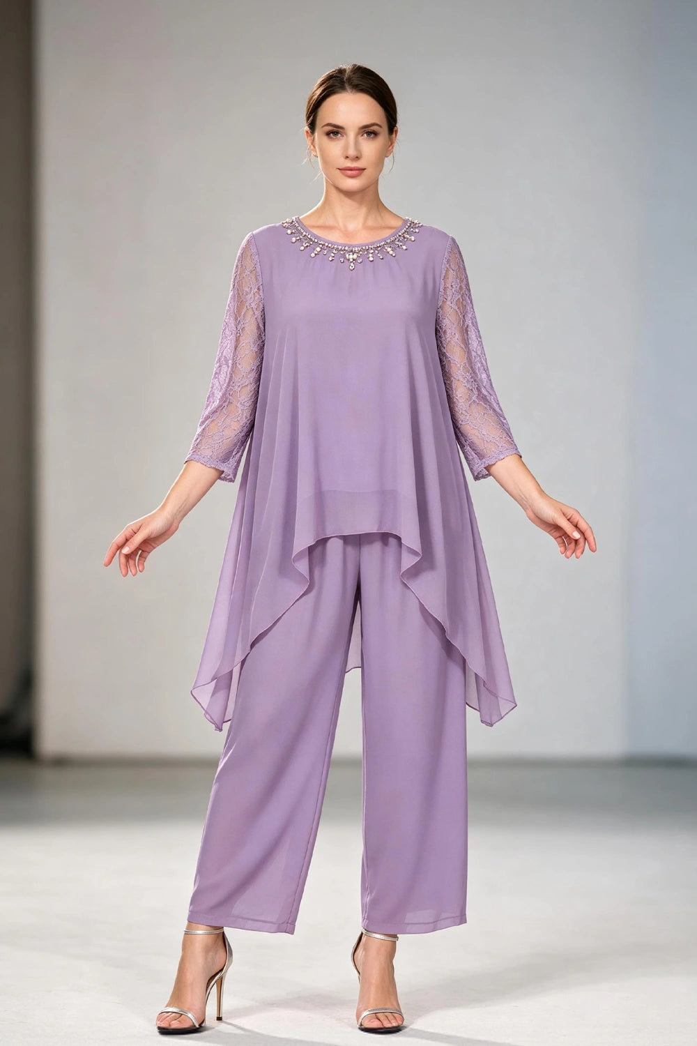 Dusty Lavender Lace-Sleeve Handkerchief-Hem Chiffon Pant Suit