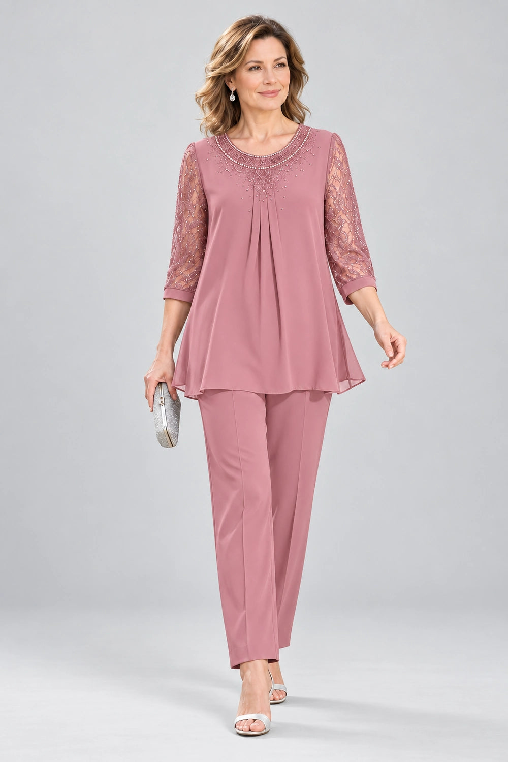 Beaded-Neck Lace-Sleeve Chiffon Pant Suit