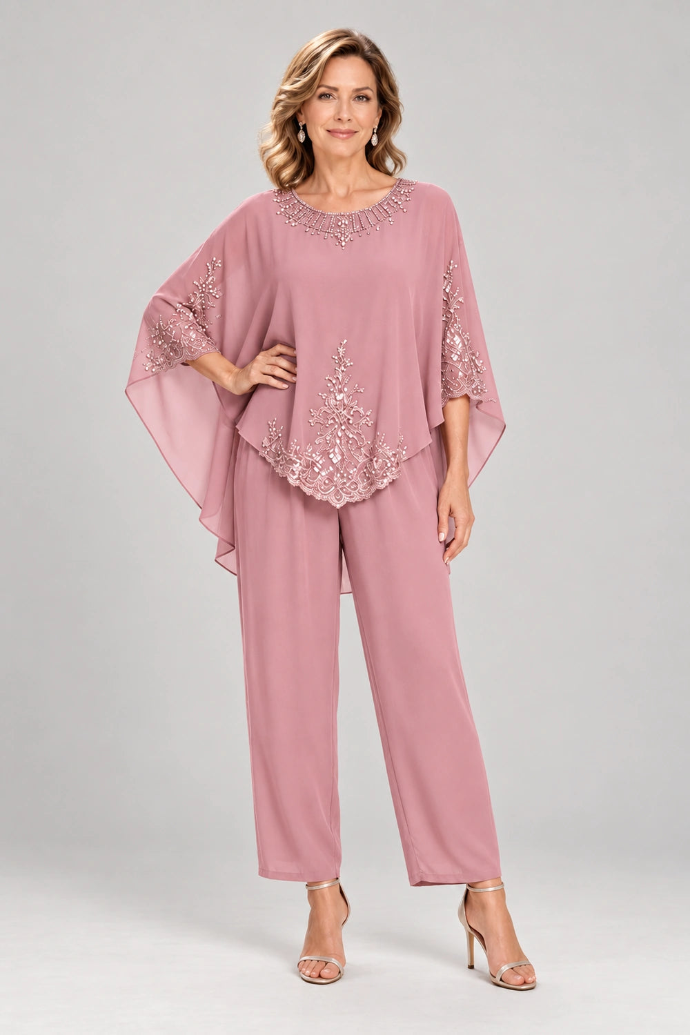 Beaded-Lace Cape-Sleeve Chiffon Pant Suit