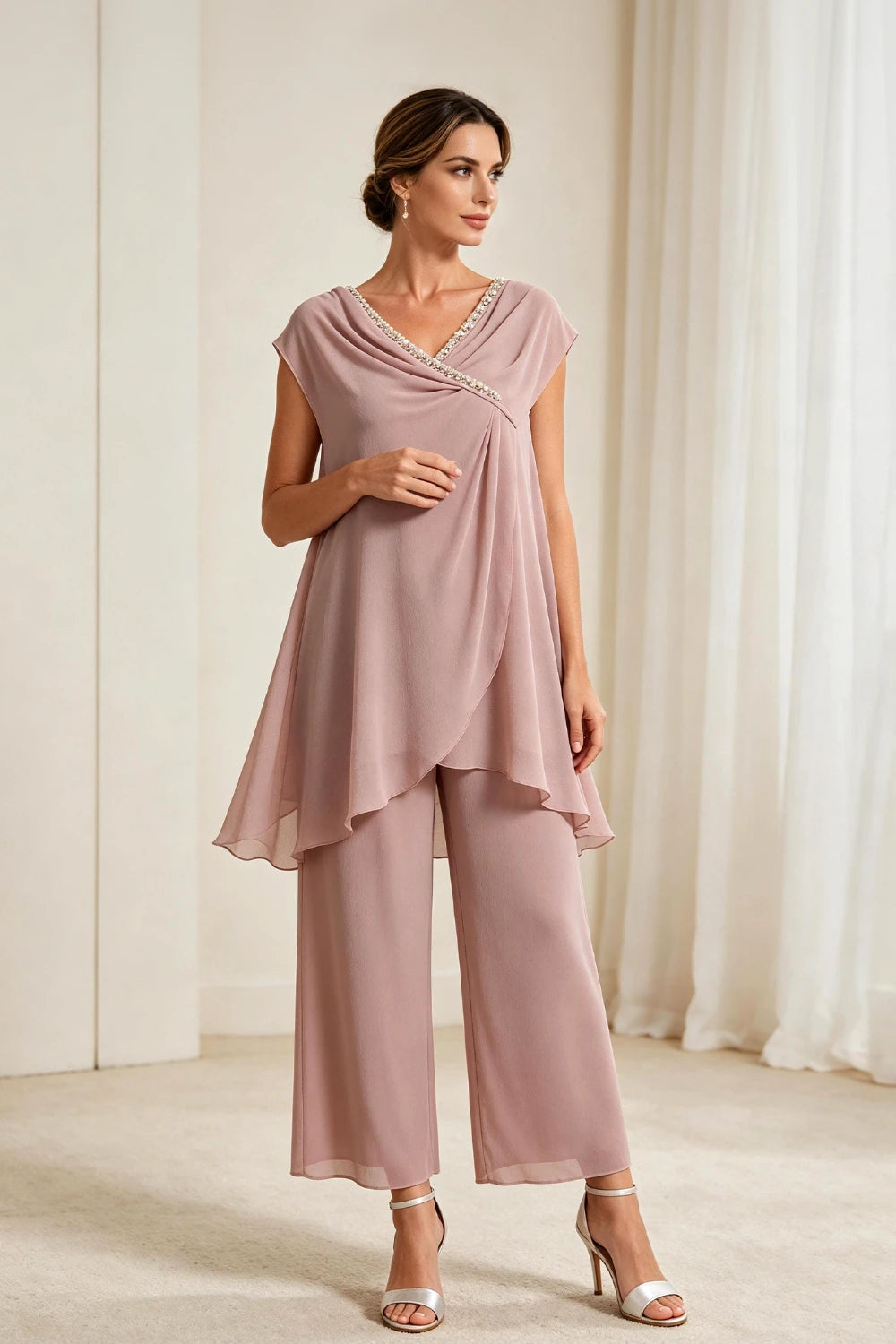 Dusty Rose Draped Asymmetric Chiffon Pant Suit
