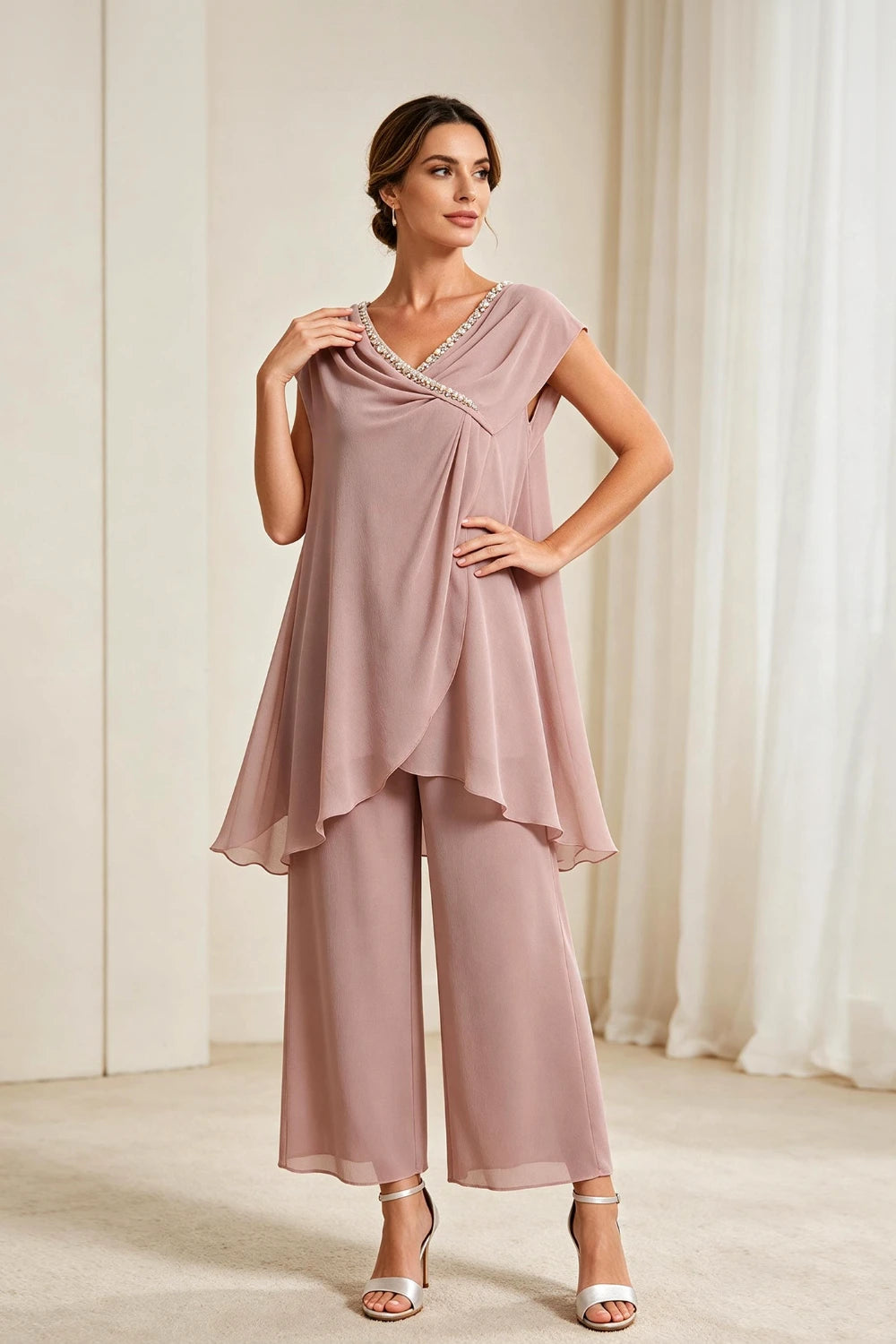 Dusty Rose Draped Asymmetric Chiffon Pant Suit
