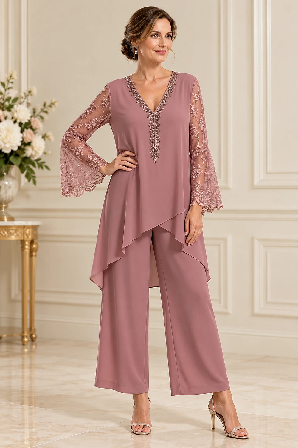 Beaded Lace V Neck Chiffon Pant Suit