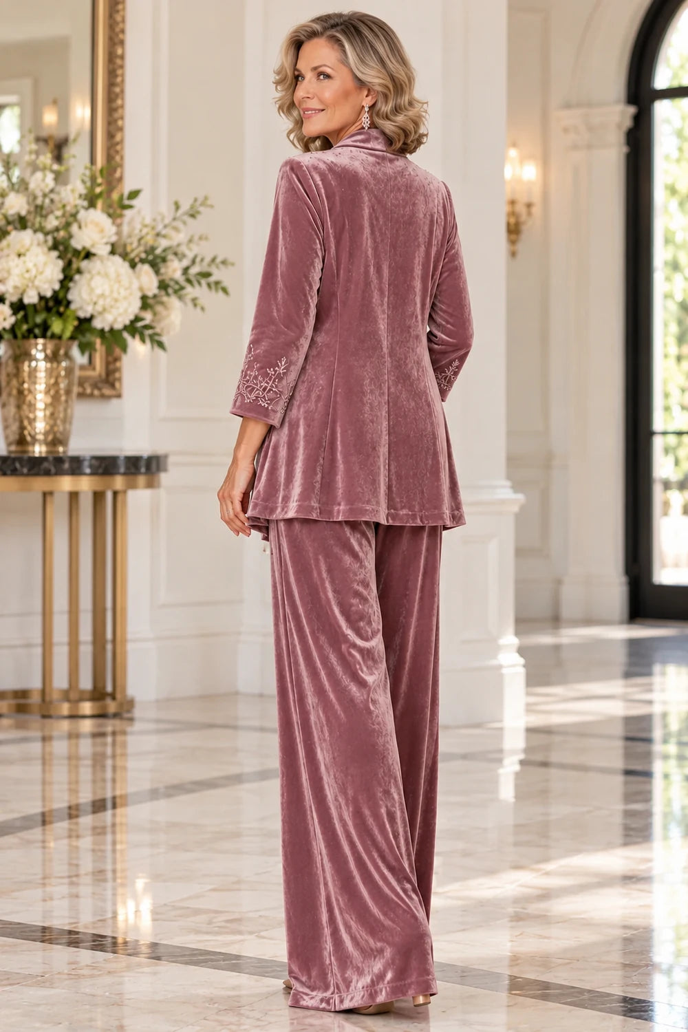 Dusty Rose Embellished Waterfall Mother of the Bride Pant Suit