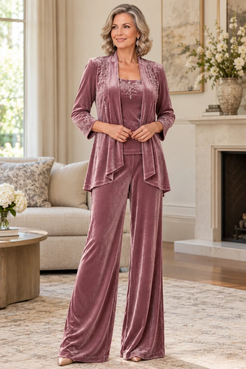 Dusty Rose Embellished Waterfall Mother of the Bride Pant Suit