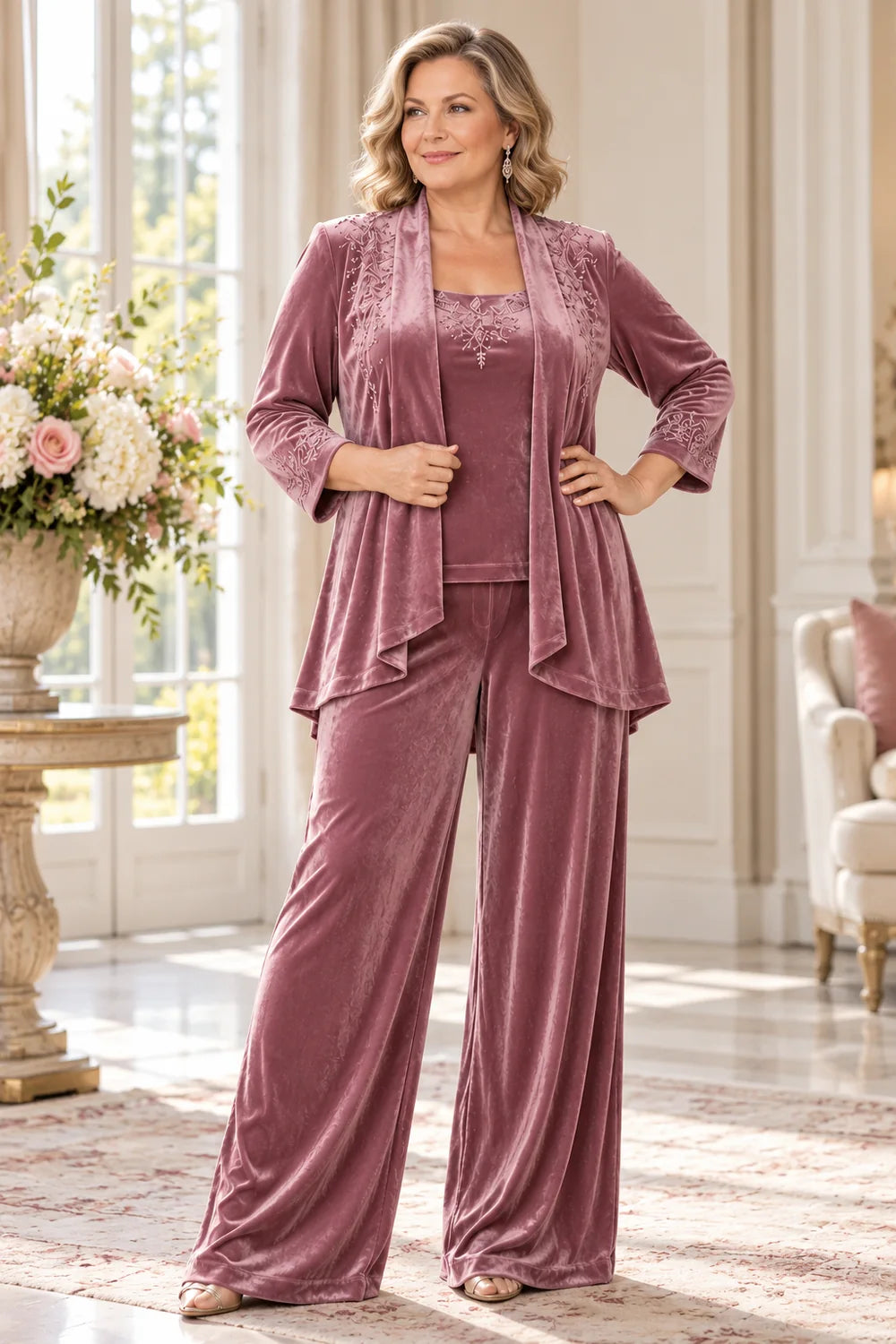 Dusty Rose Embellished Waterfall Mother of the Bride Pant Suit