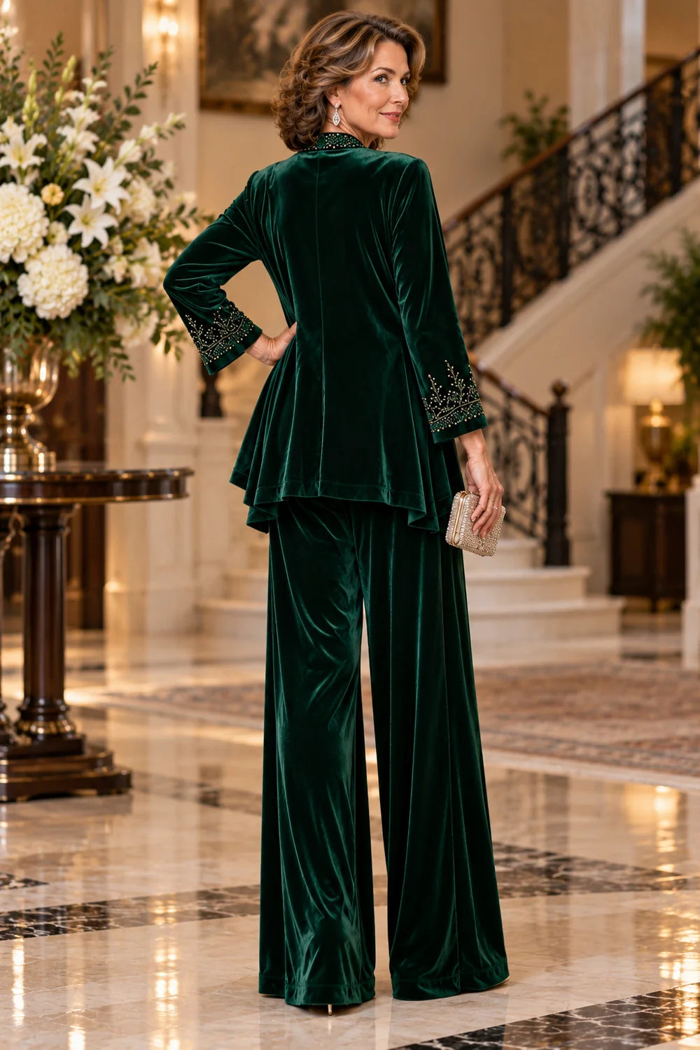Emerald Green Embellished Jacket Mother of the Bride Pant Suit