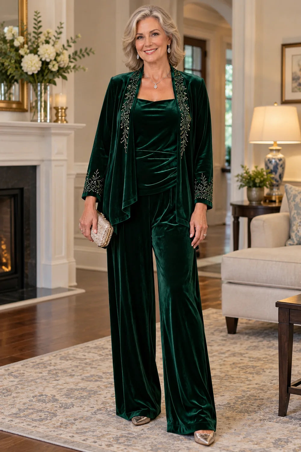Emerald Green Embellished Jacket Mother of the Bride Pant Suit