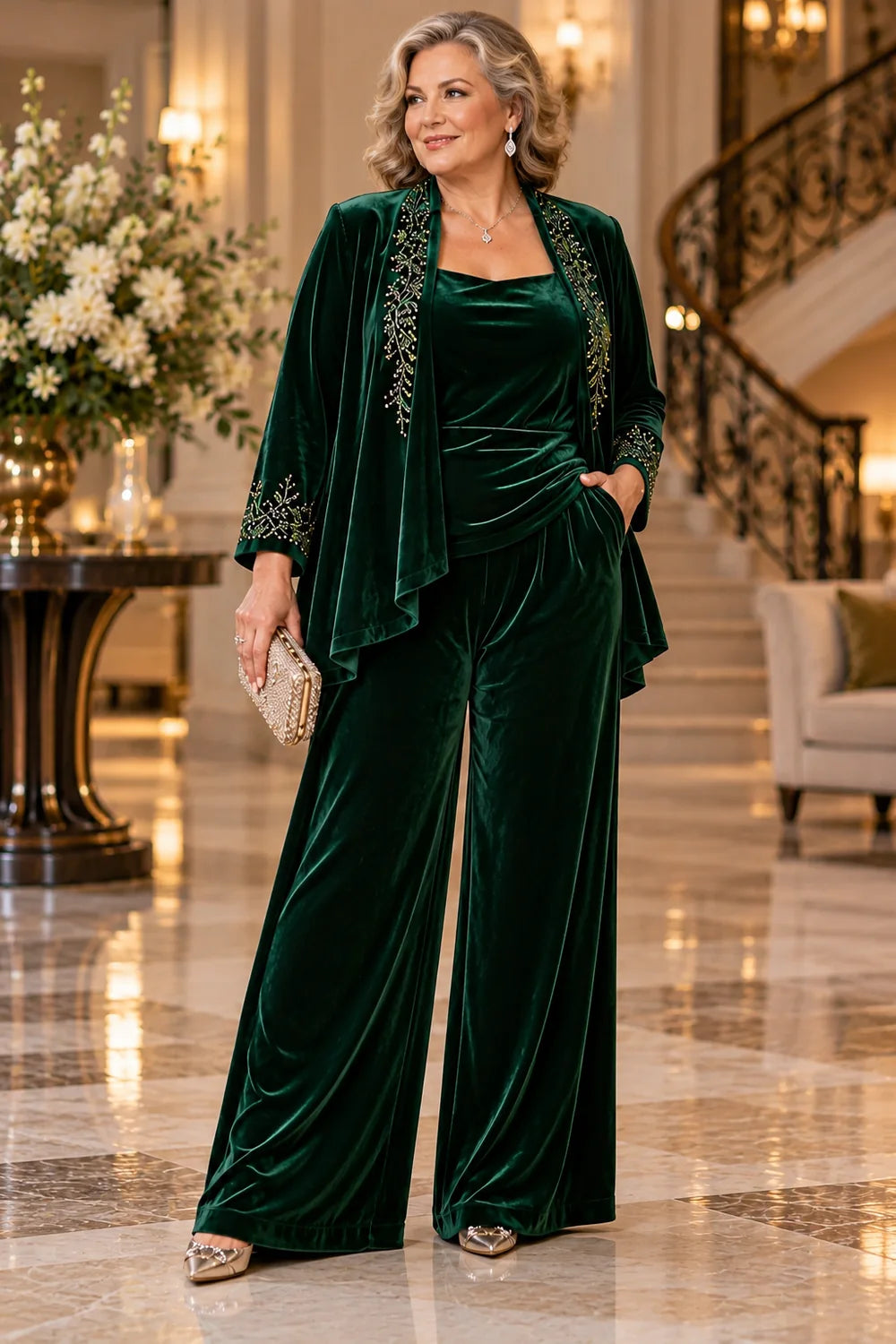 Emerald Green Embellished Jacket Mother of the Bride Pant Suit