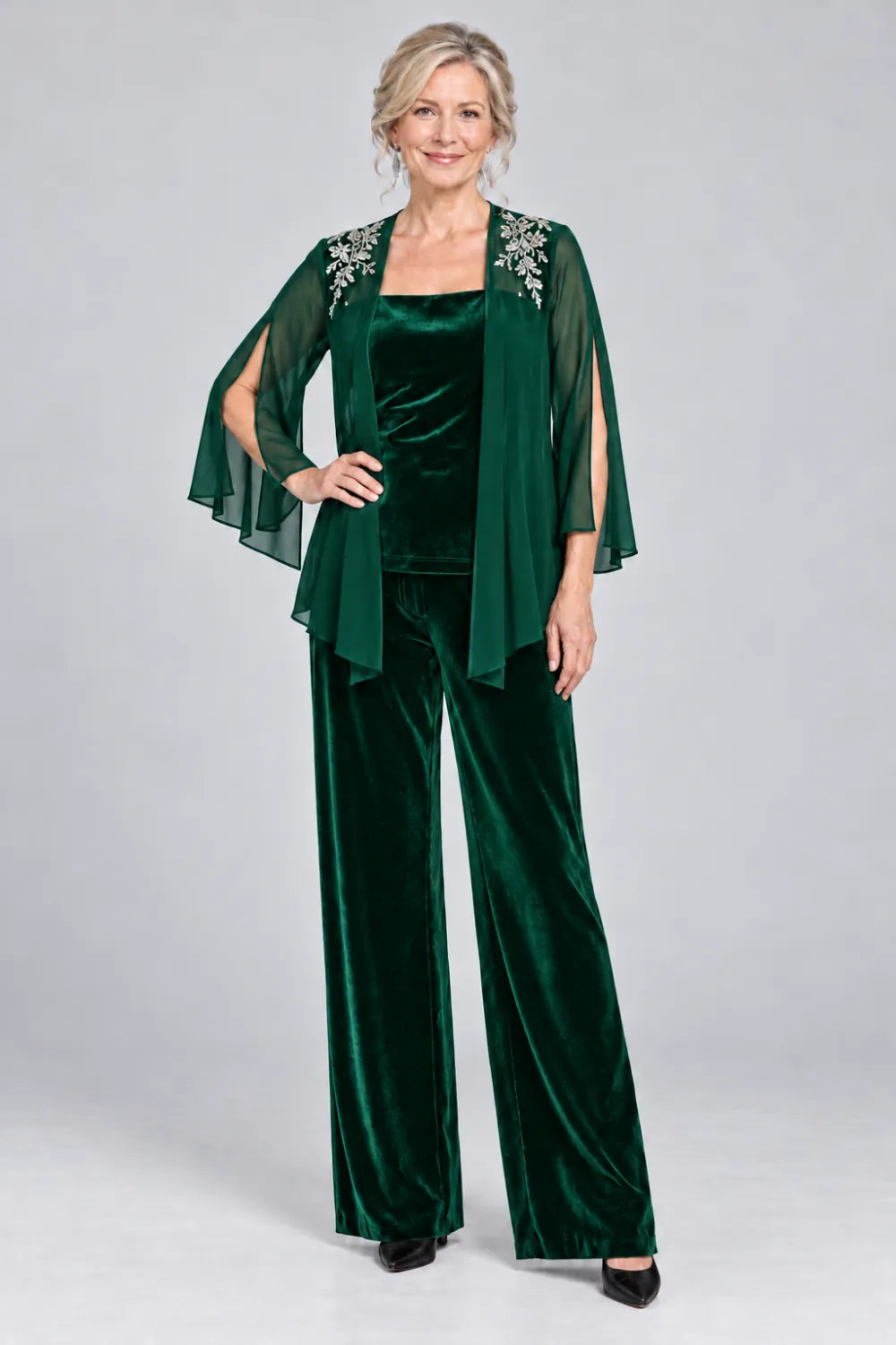 Emerald Green pant suit with floral shoulder embroidery and square-neck top, front view.