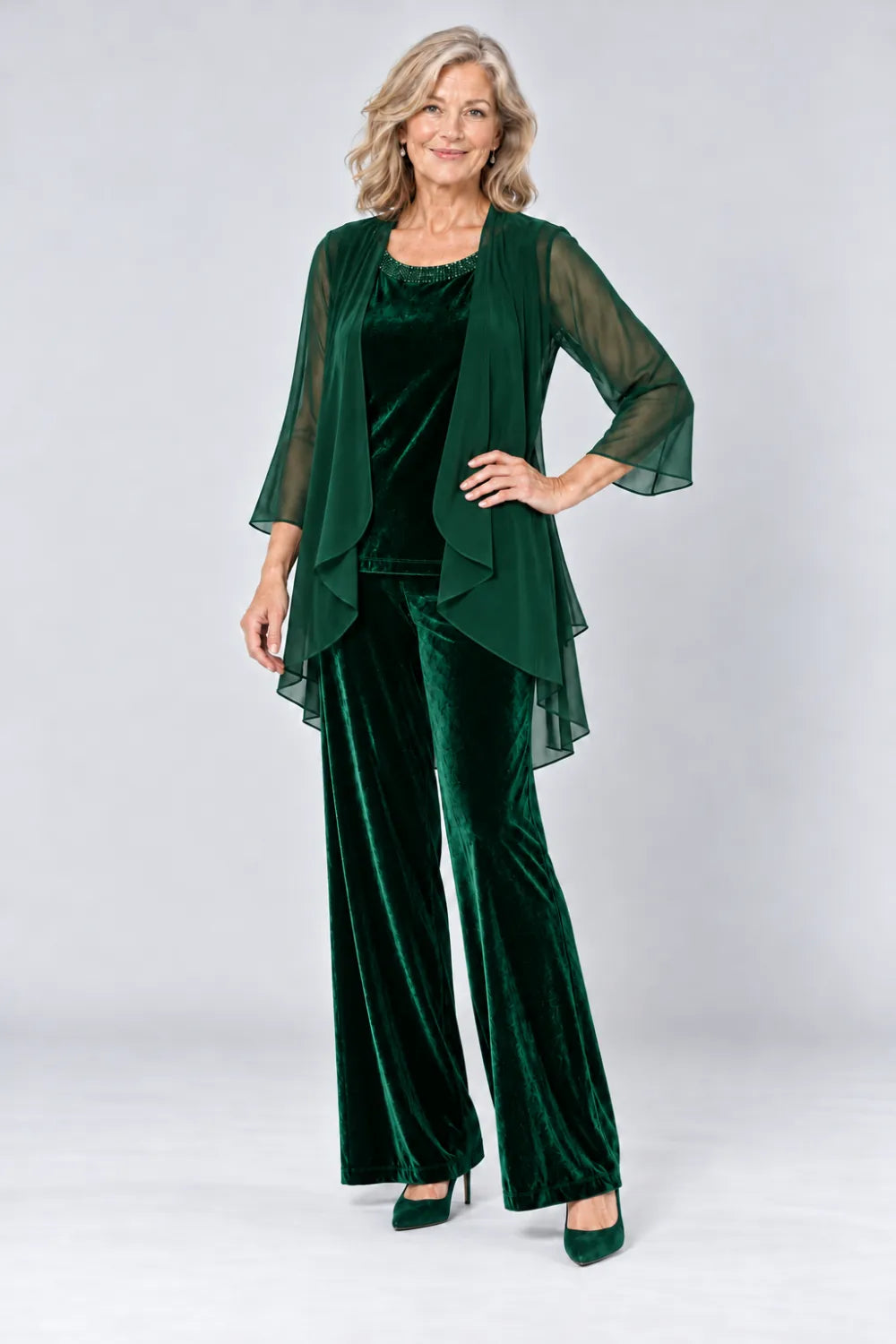 Emerald Green pant suit with plain waterfall panels and rounded top neckline, front view.