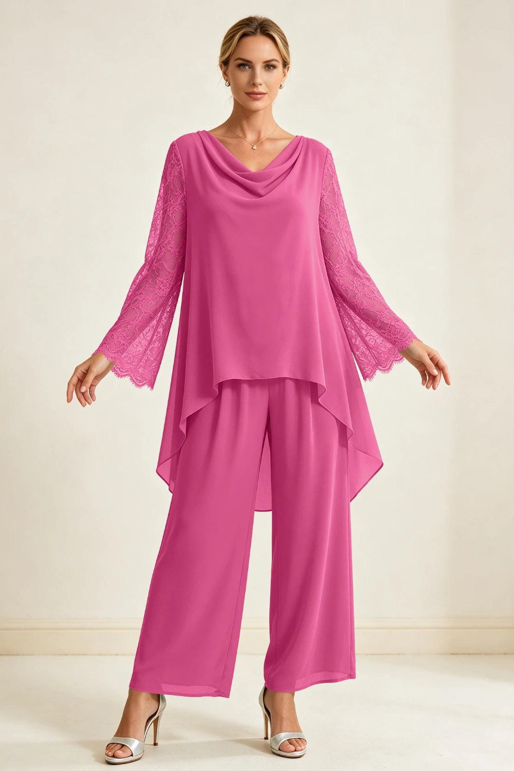 Dusty Sage Beaded Cowl Neck Chiffon Pant Suit