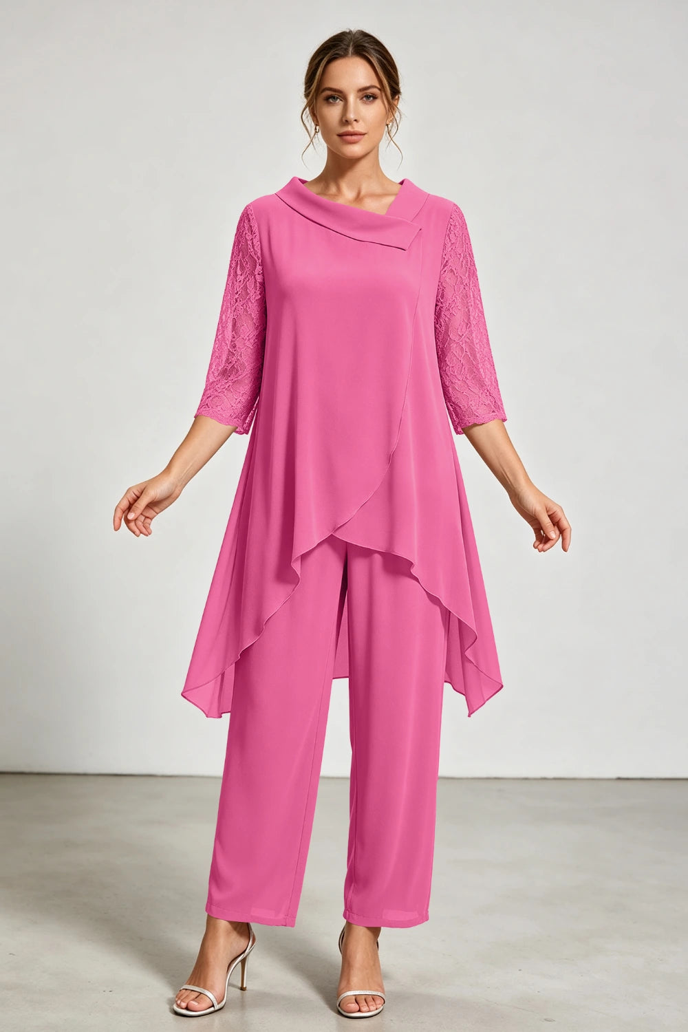Beige Beaded Neck Lace Sleeve Chiffon Pant Suit