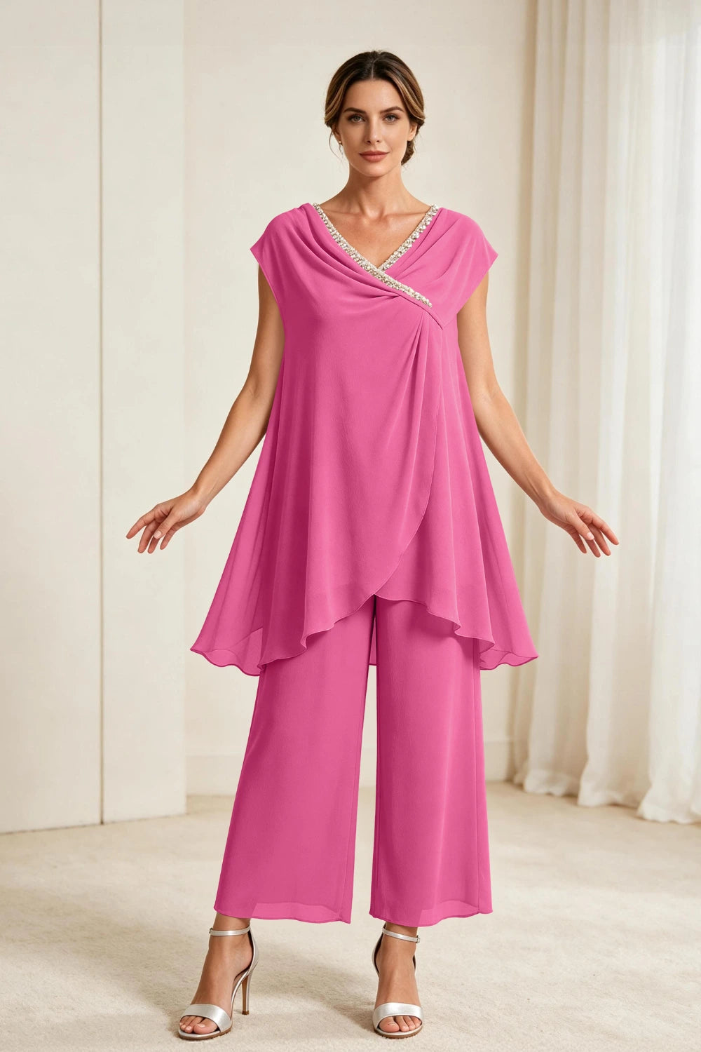 Dusty Rose Draped Asymmetric Chiffon Pant Suit