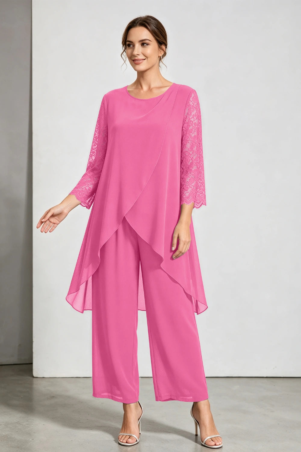 Peacock Blue Scoop Neck Tiered Chiffon Pant Suit