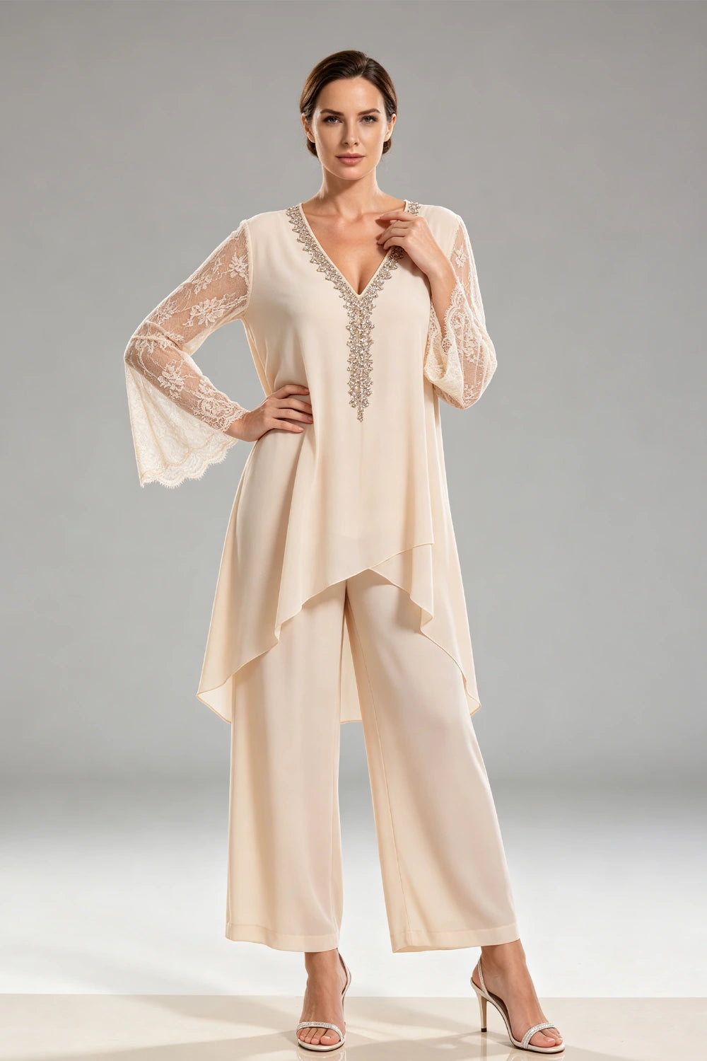 Ivory Beaded Lace V Neck Chiffon Pant Suit