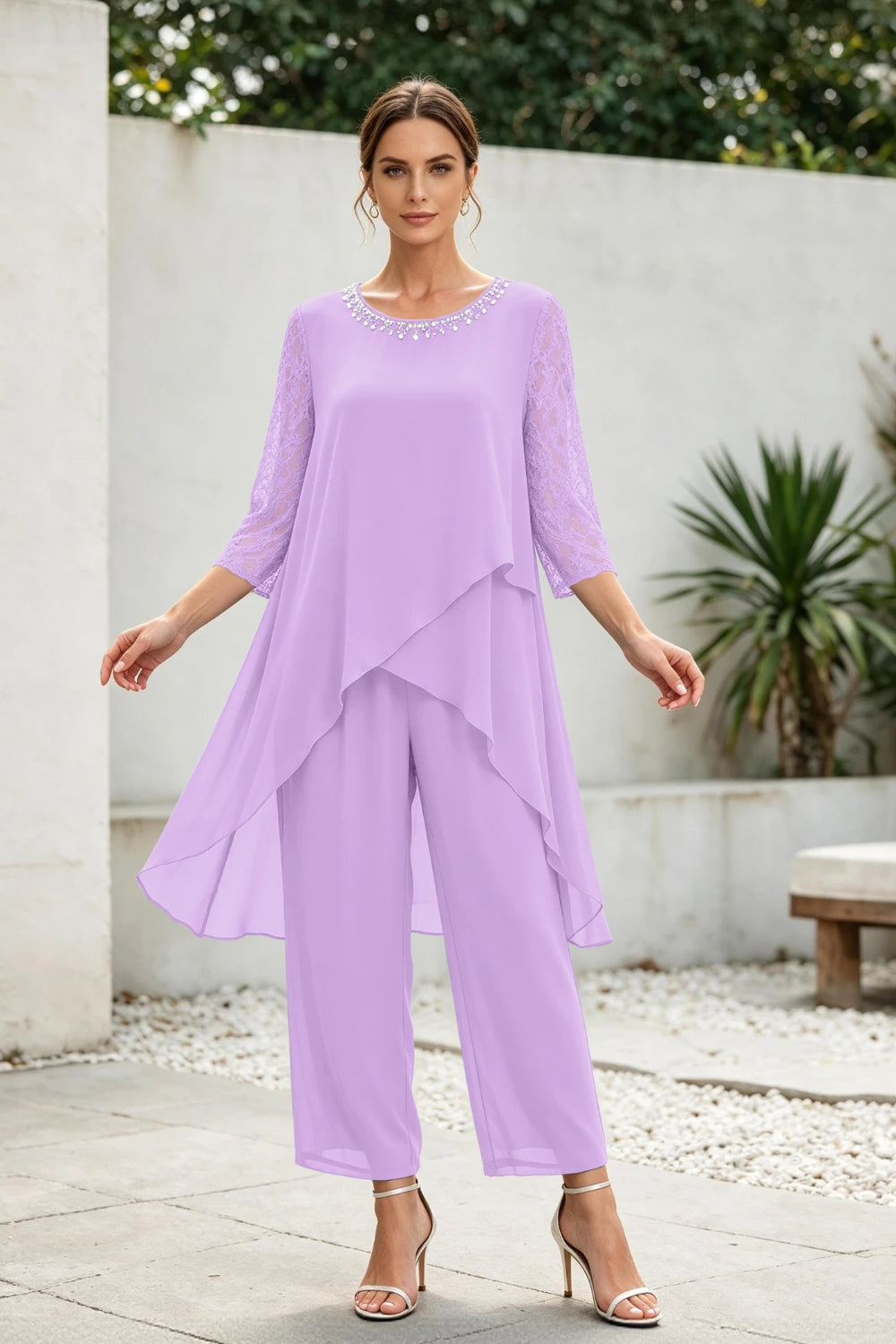 Dusty Blue Cross-Tier Lace-Sleeve Chiffon Pant Suit