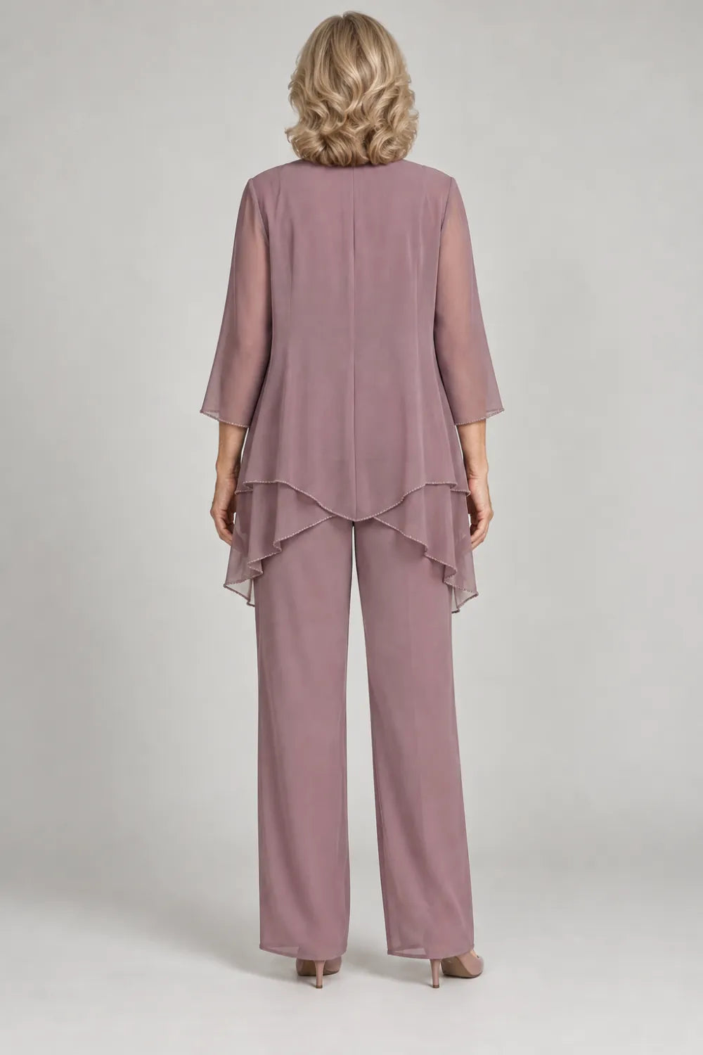 Back view of a mauve wide-leg pant suit with plain-edged waterfall jacket.