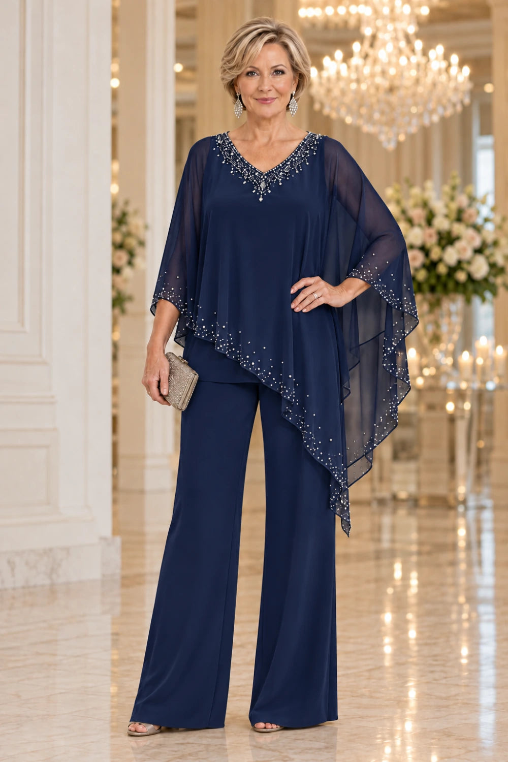 Navy wide-leg pant suit with a decorated V neckline and sheer waterfall cape, front view.