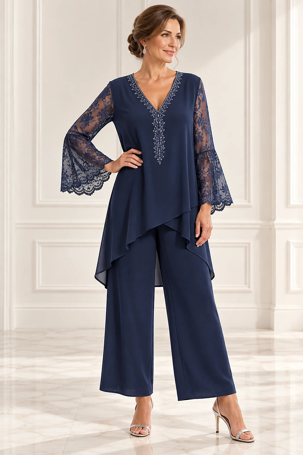 Beaded Lace V Neck Chiffon Pant Suit