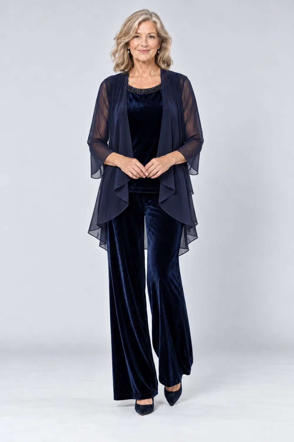 Navy Blue pant suit with plain waterfall panels and rounded top neckline, posed front view.