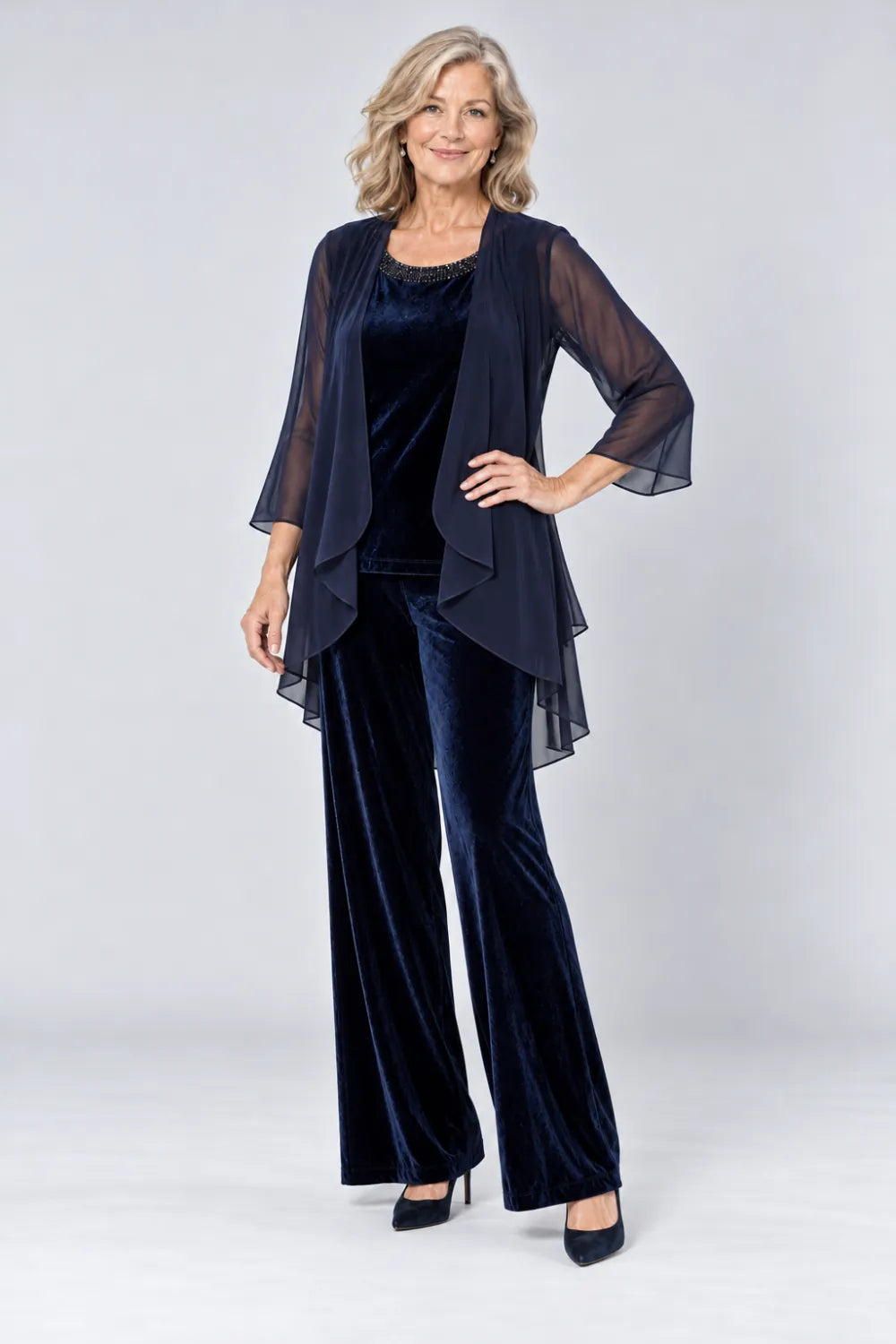 Navy Blue pant suit with plain waterfall panels and rounded top neckline, front view.