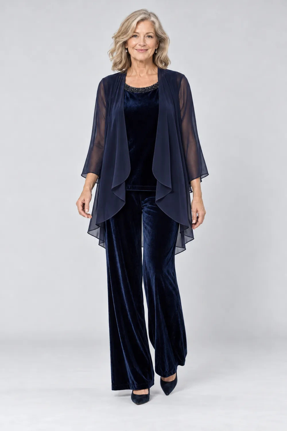 Navy Blue pant suit with plain waterfall panels and rounded top neckline, front view.