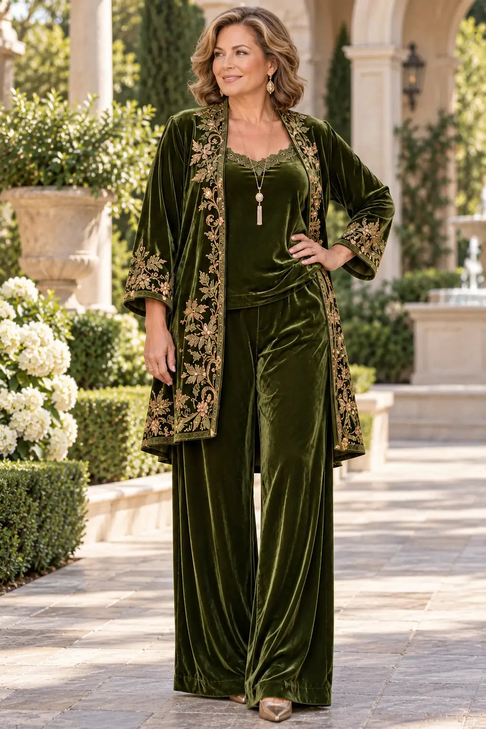 Olive Green Floral Border Mother of the Bride Pant Suit