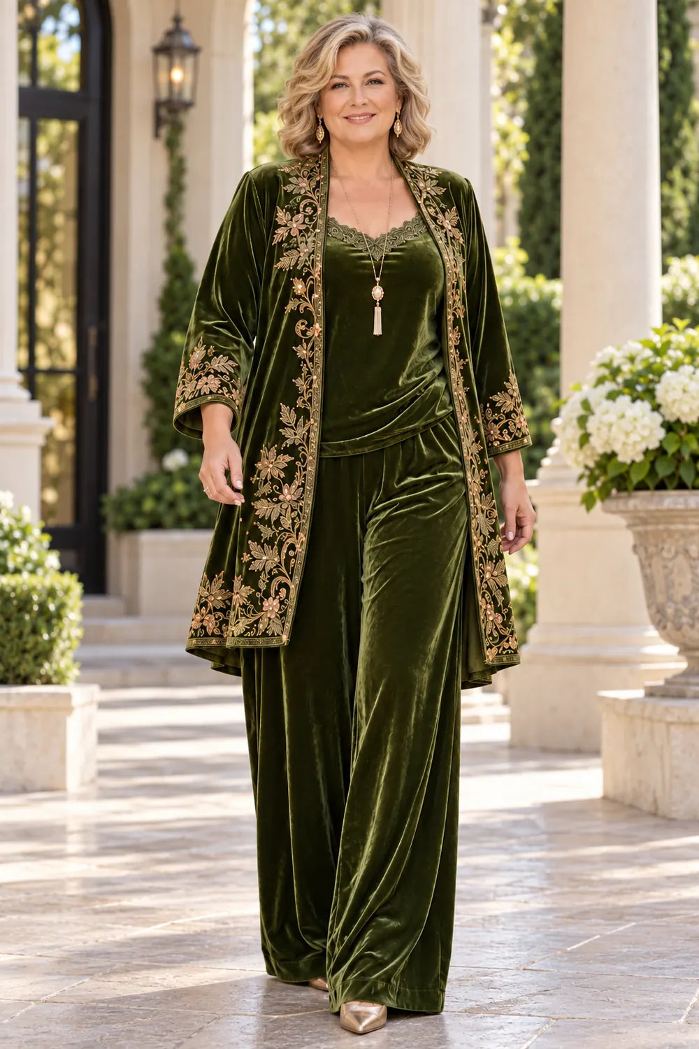 Olive Green Floral Border Mother of the Bride Pant Suit