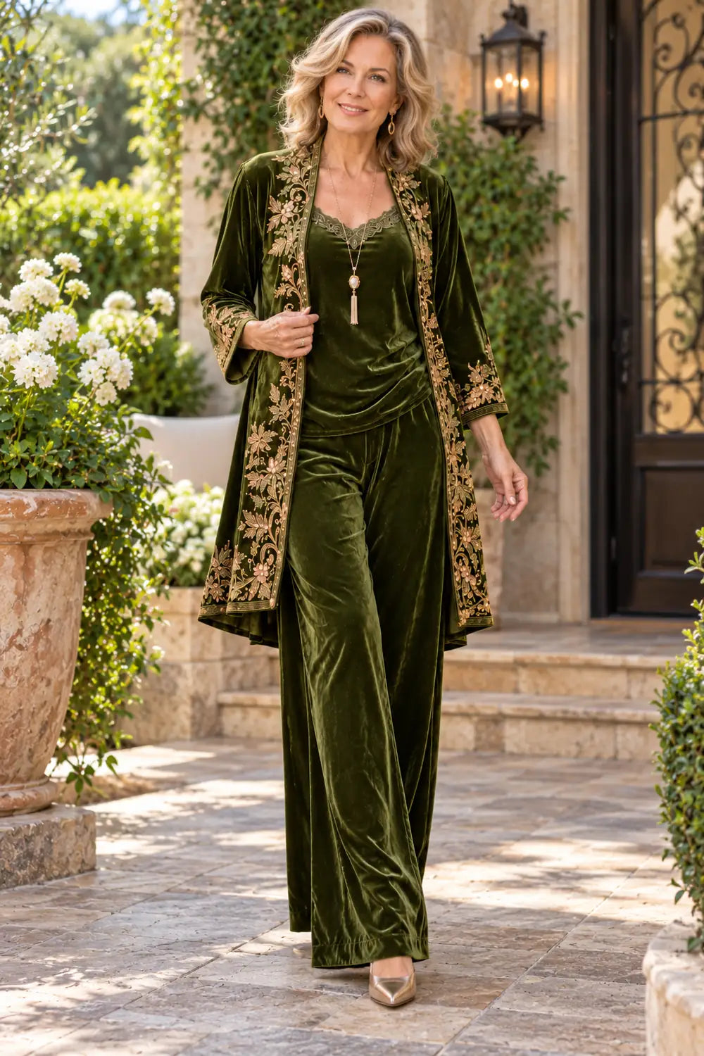 Olive Green Floral Border Mother of the Bride Pant Suit