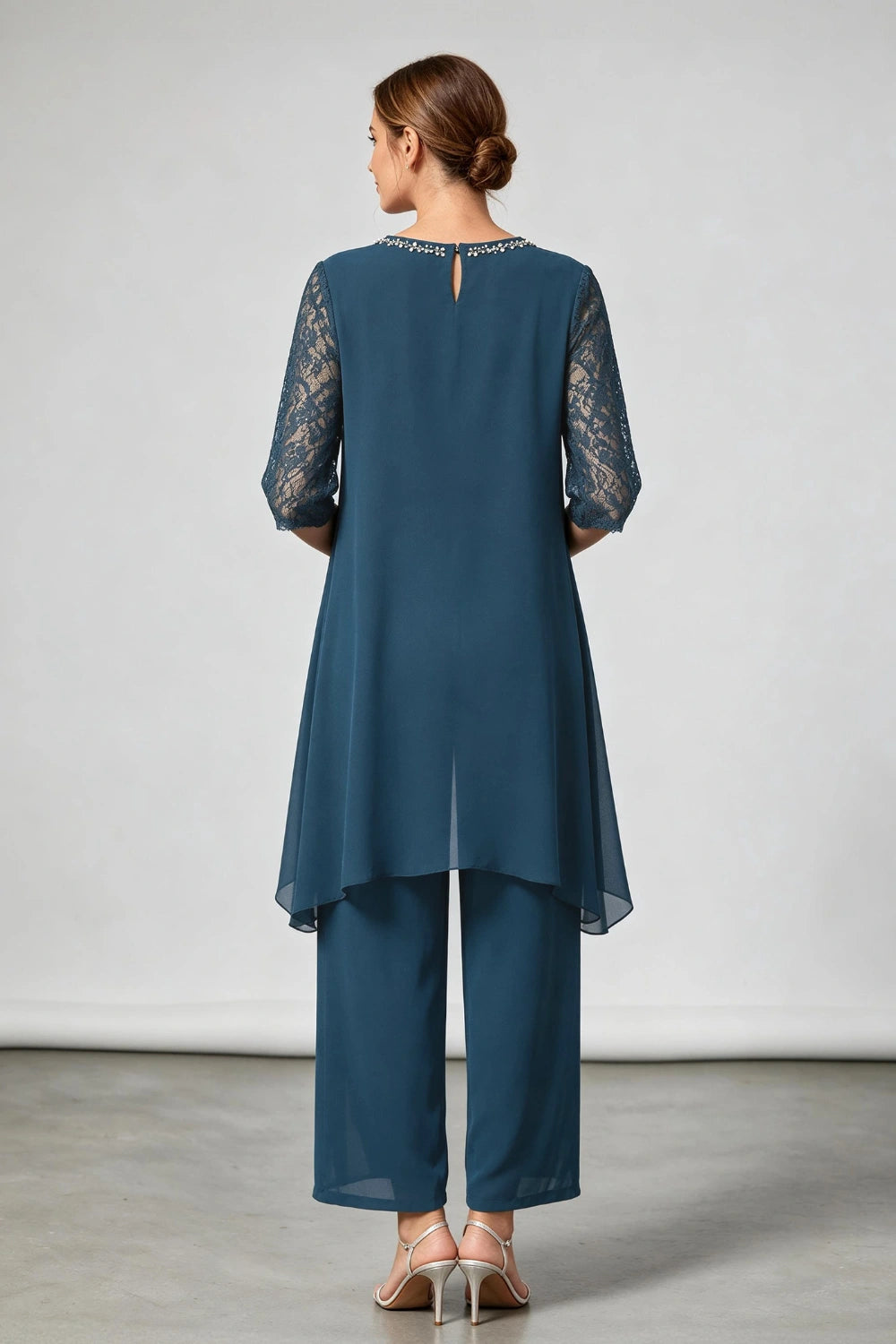 Peacock Blue Beaded-Neck Tiered Chiffon Pant Suit