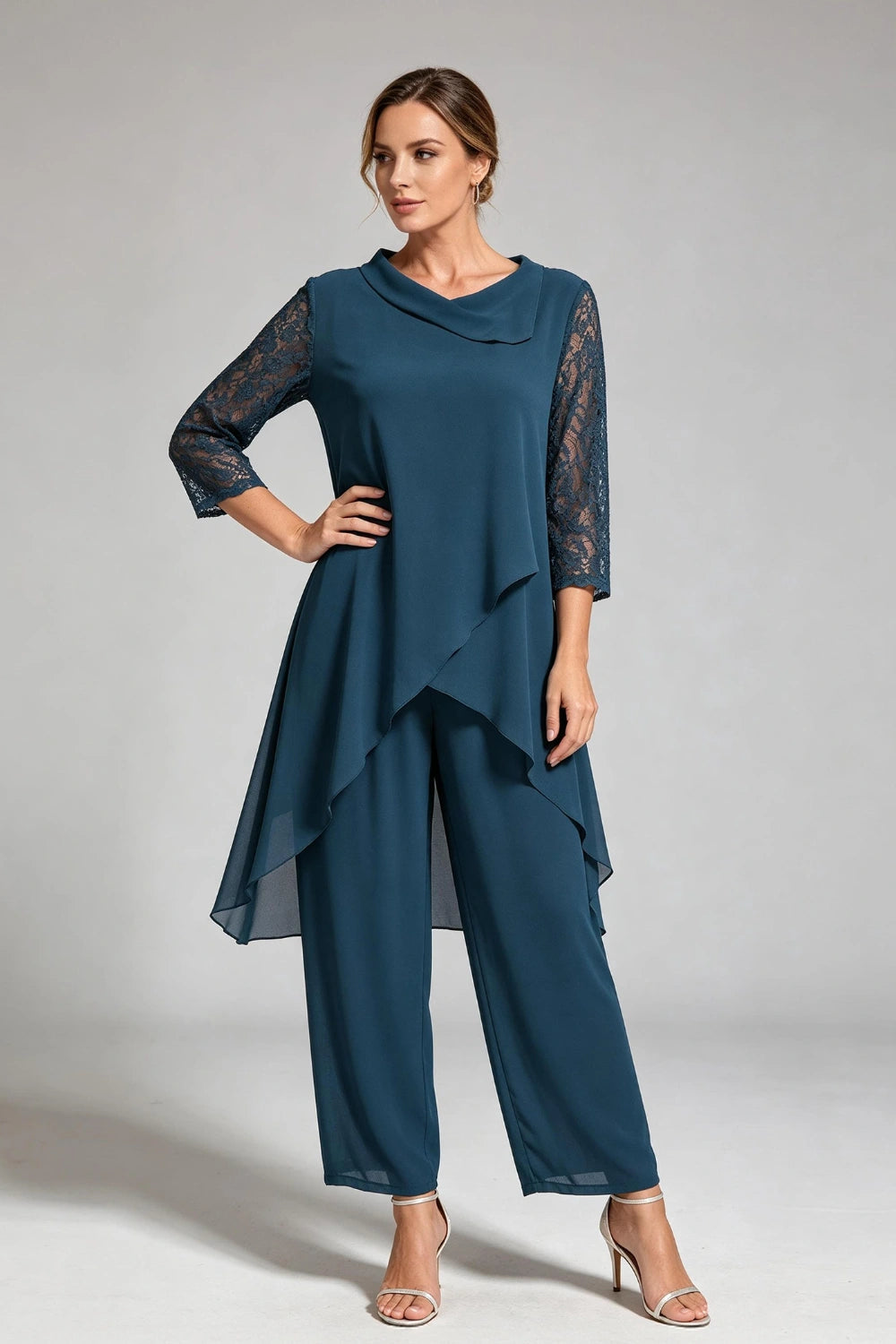 Peacock Blue Cowl Neck Lace Sleeve Chiffon Pant Suit