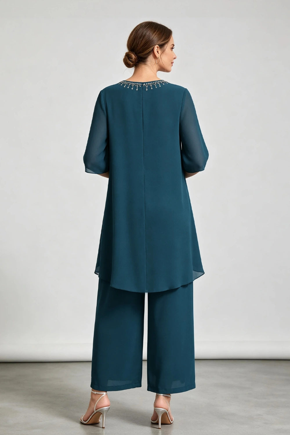 Peacock Blue Asymmetric Ruffle Chiffon Pant Suit