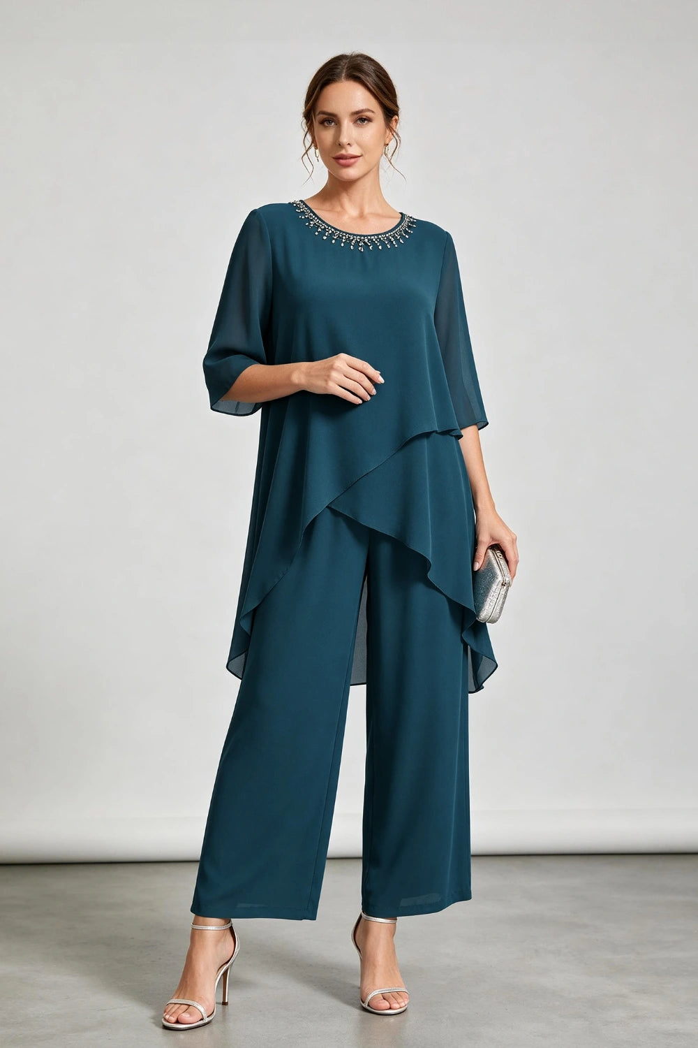Peacock Blue Asymmetric Ruffle Chiffon Pant Suit