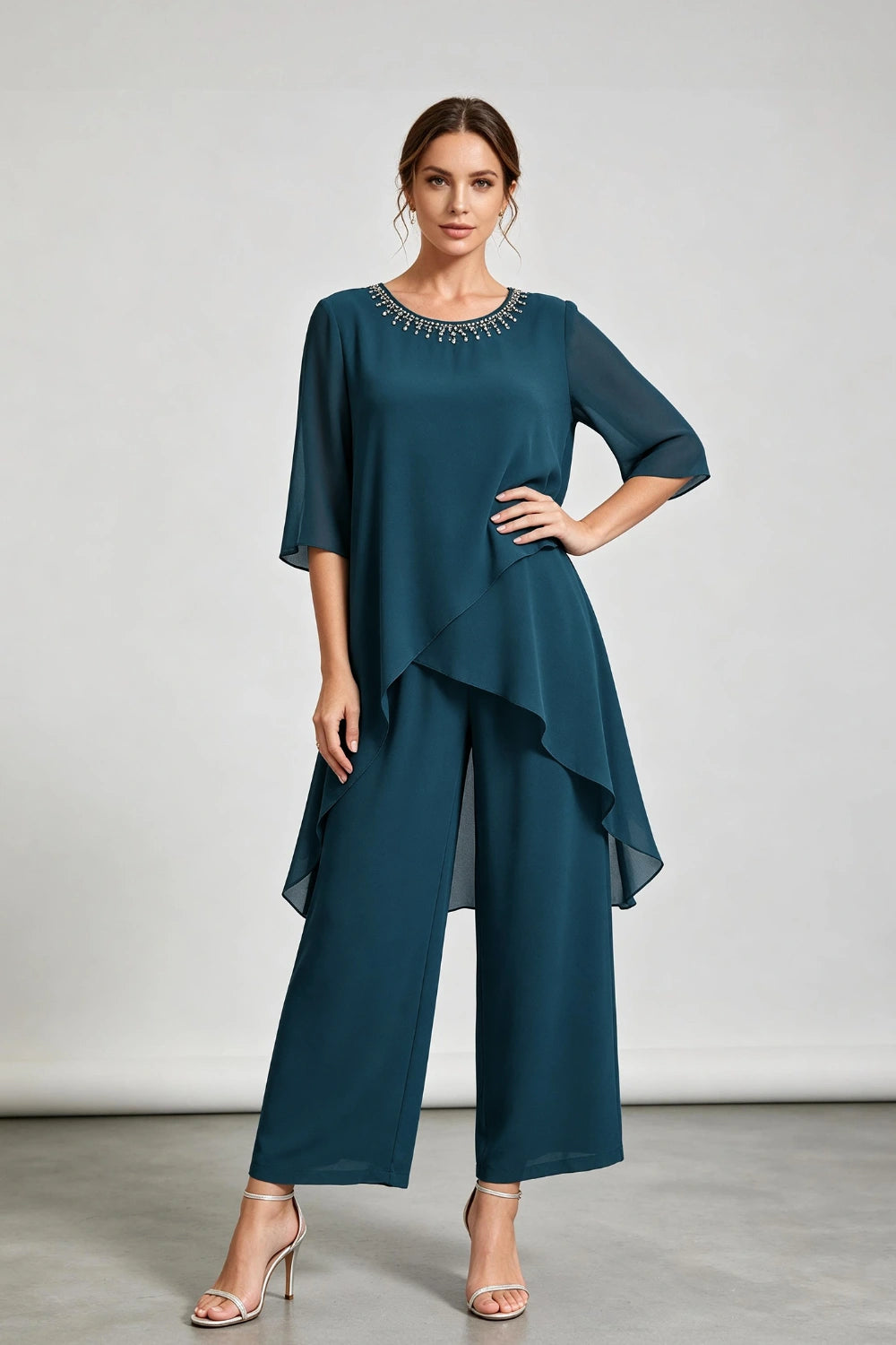 Peacock Blue Asymmetric Ruffle Chiffon Pant Suit