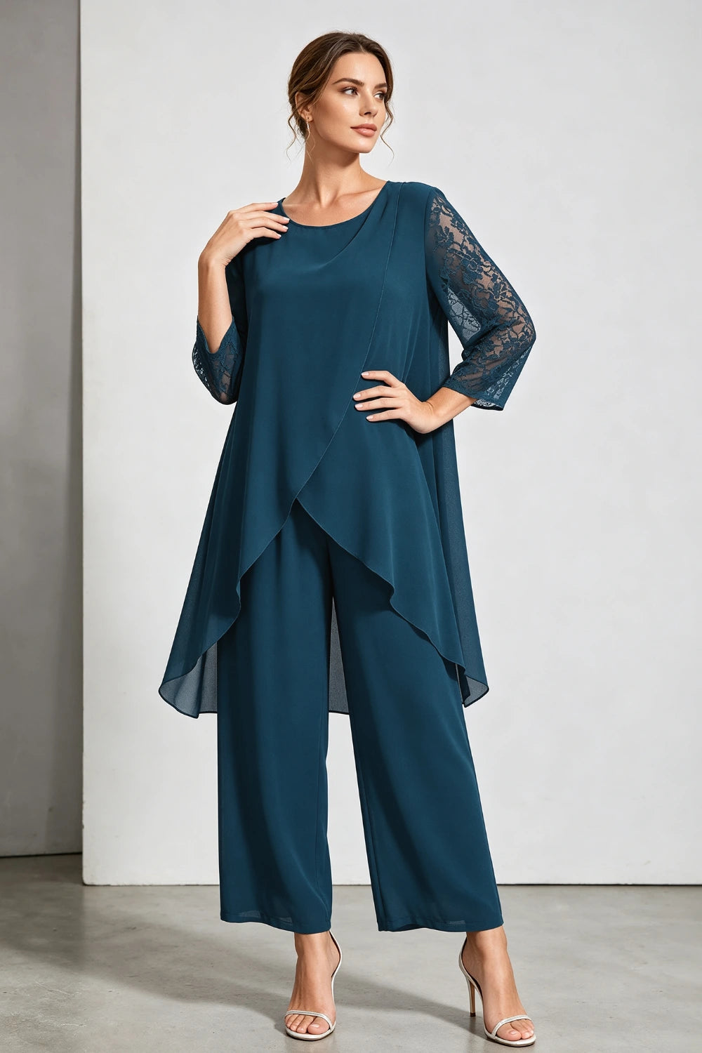 Peacock Blue Scoop Neck Tiered Chiffon Pant Suit