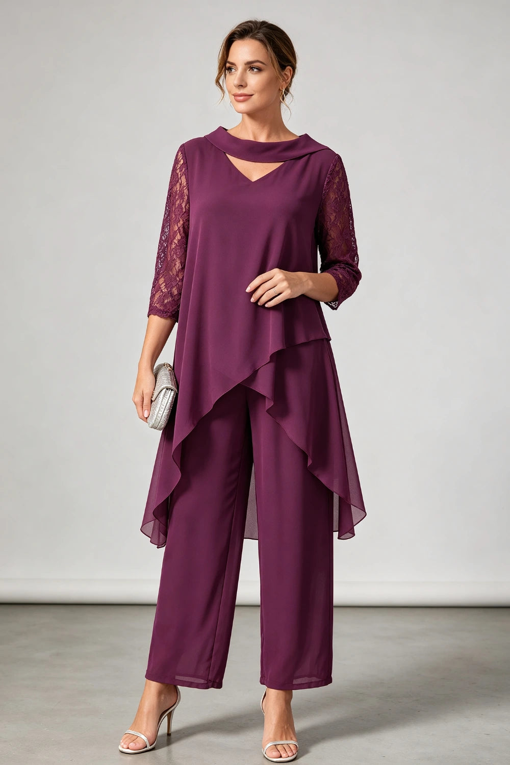 Plum Beaded V Neck Lace Sleeve Chiffon Pant Suit