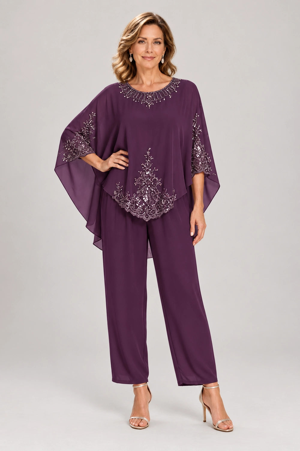 Beaded-Lace Cape-Sleeve Chiffon Pant Suit