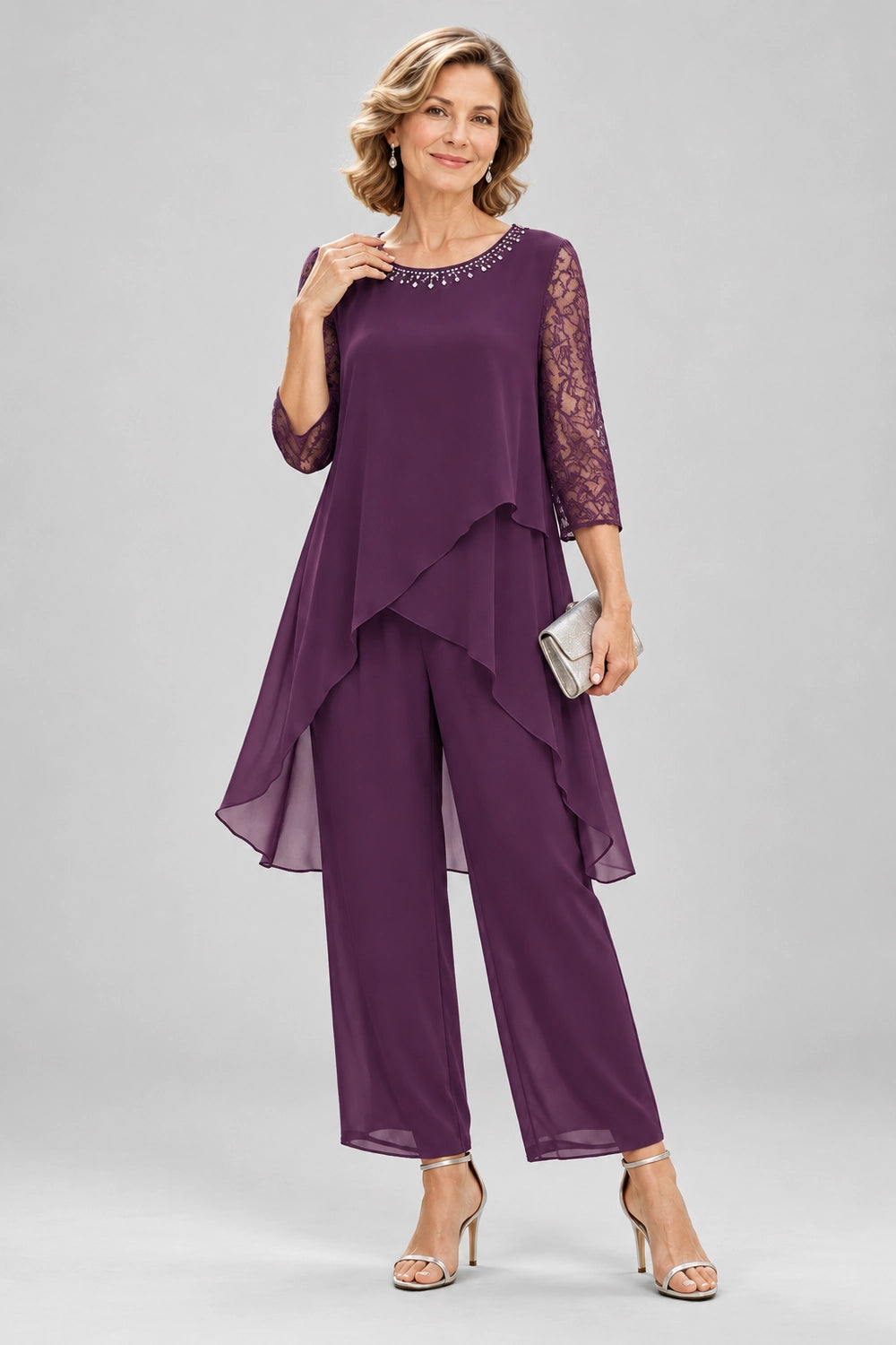 Cross-Tier Lace-Sleeve Chiffon Pant Suit