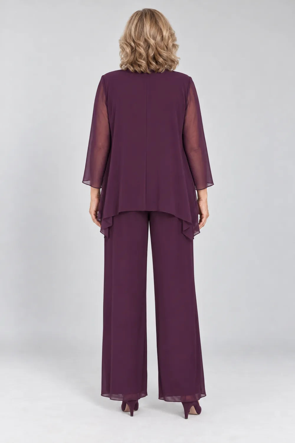 Back view of a plum wide-leg pant suit with sheer waterfall-front jacket.