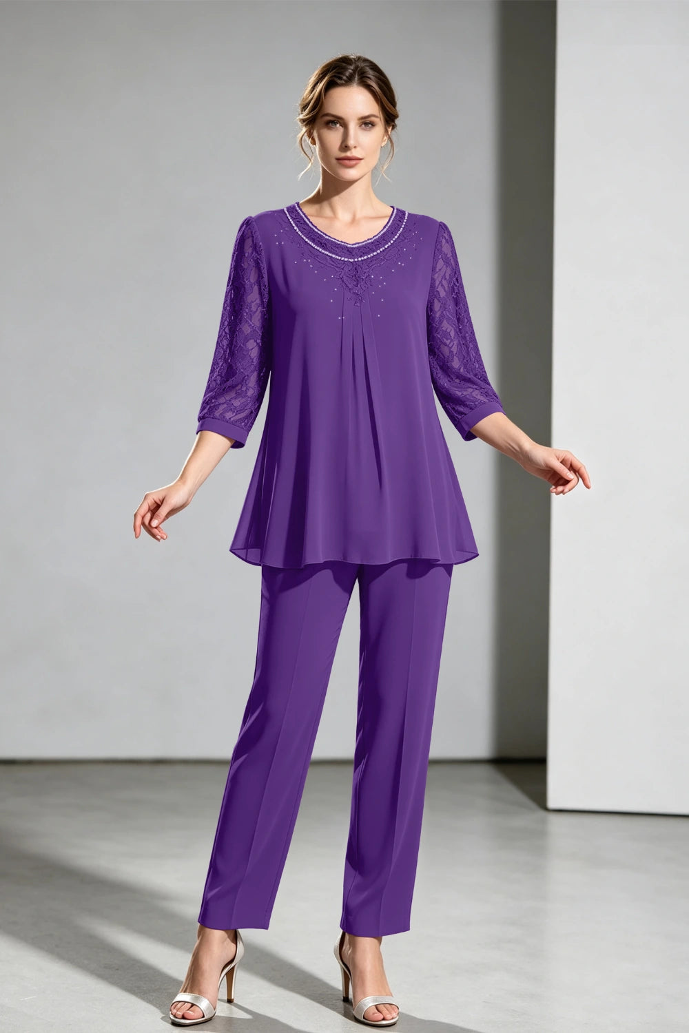 Navy Beaded-Neck Lace-Sleeve Chiffon Pant Suit