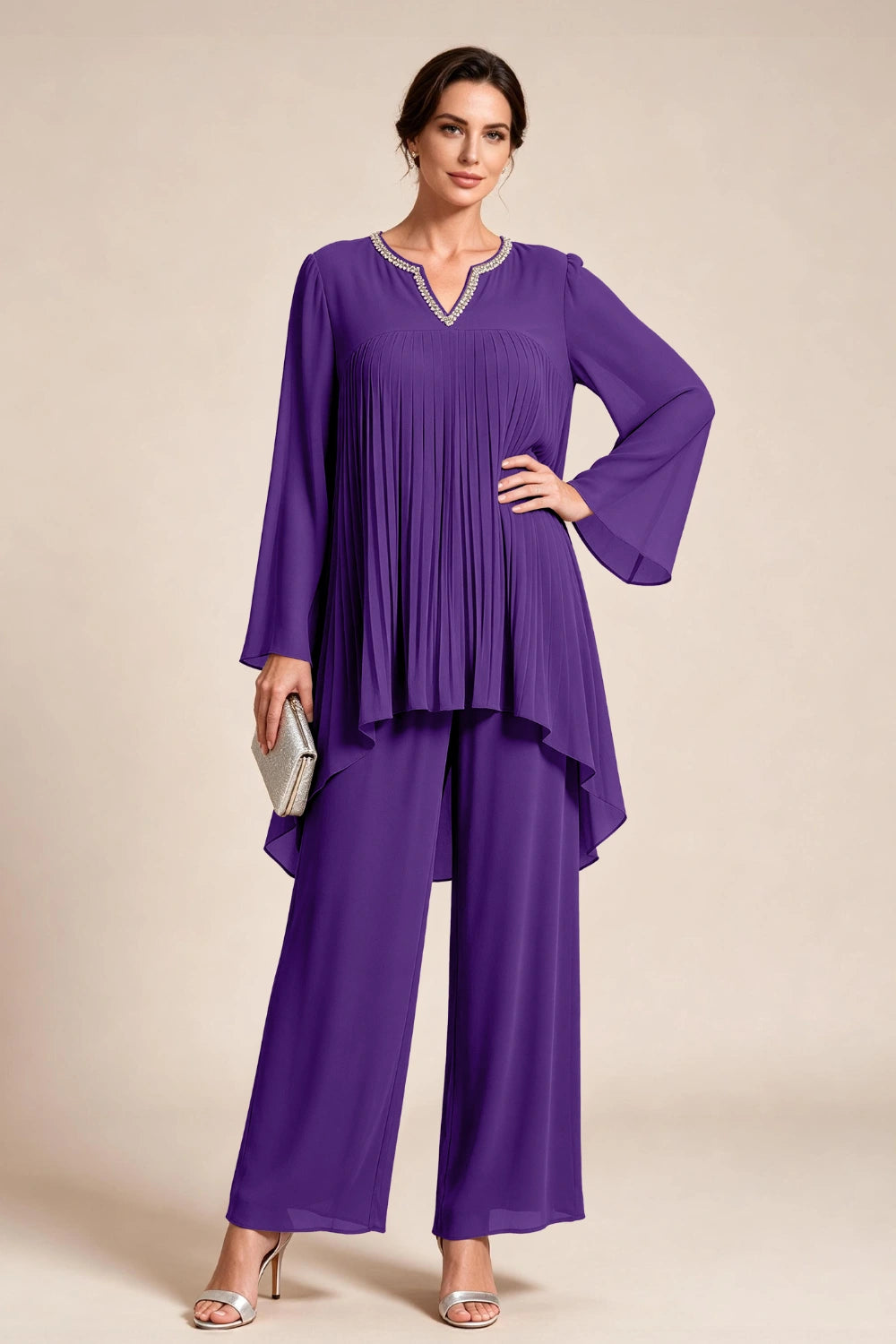 Beige Pleated-Bodice Chiffon Pant Suit
