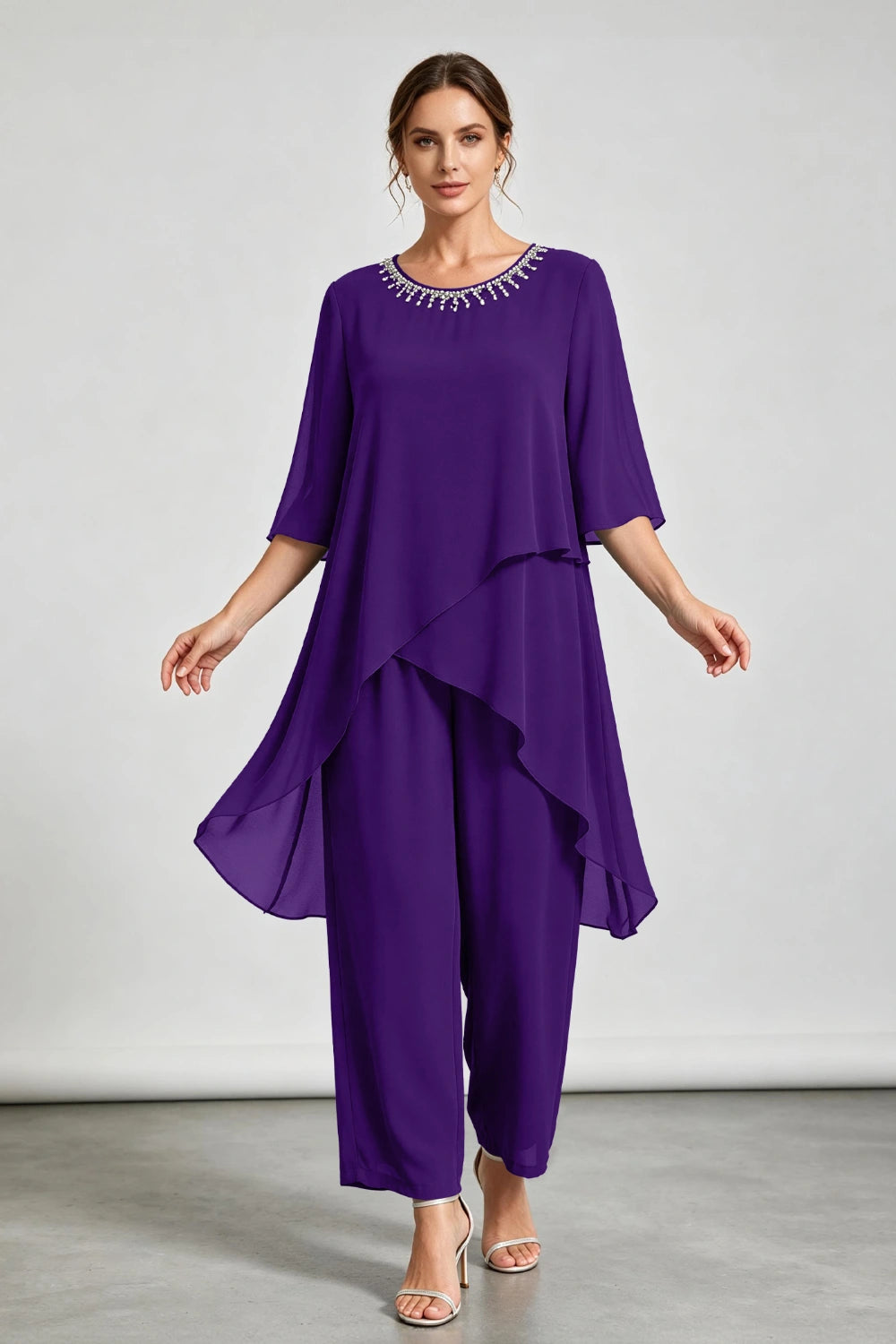 Peacock Blue Asymmetric Ruffle Chiffon Pant Suit