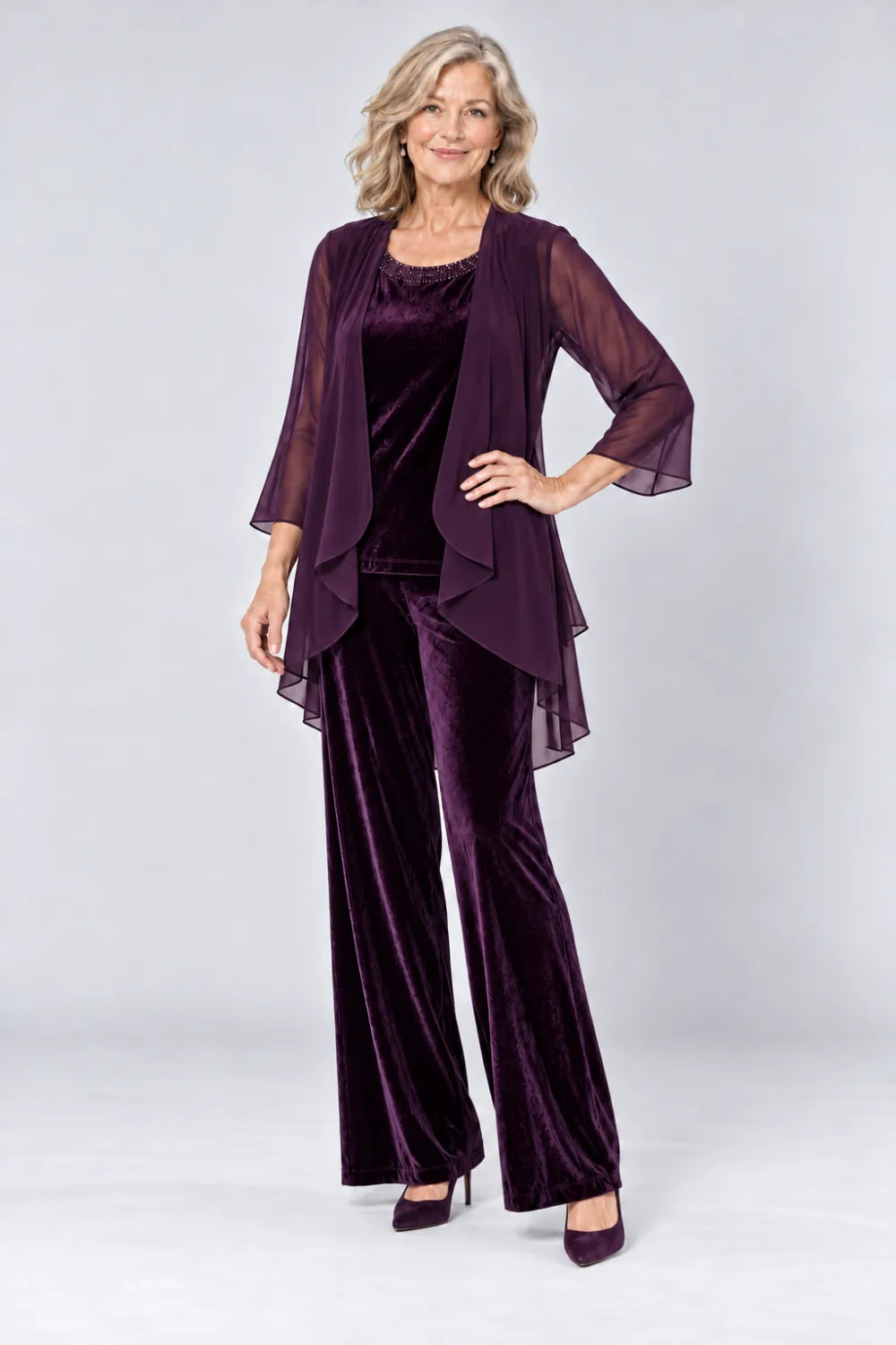 Plum pant suit with plain waterfall panels and rounded top neckline, front view.