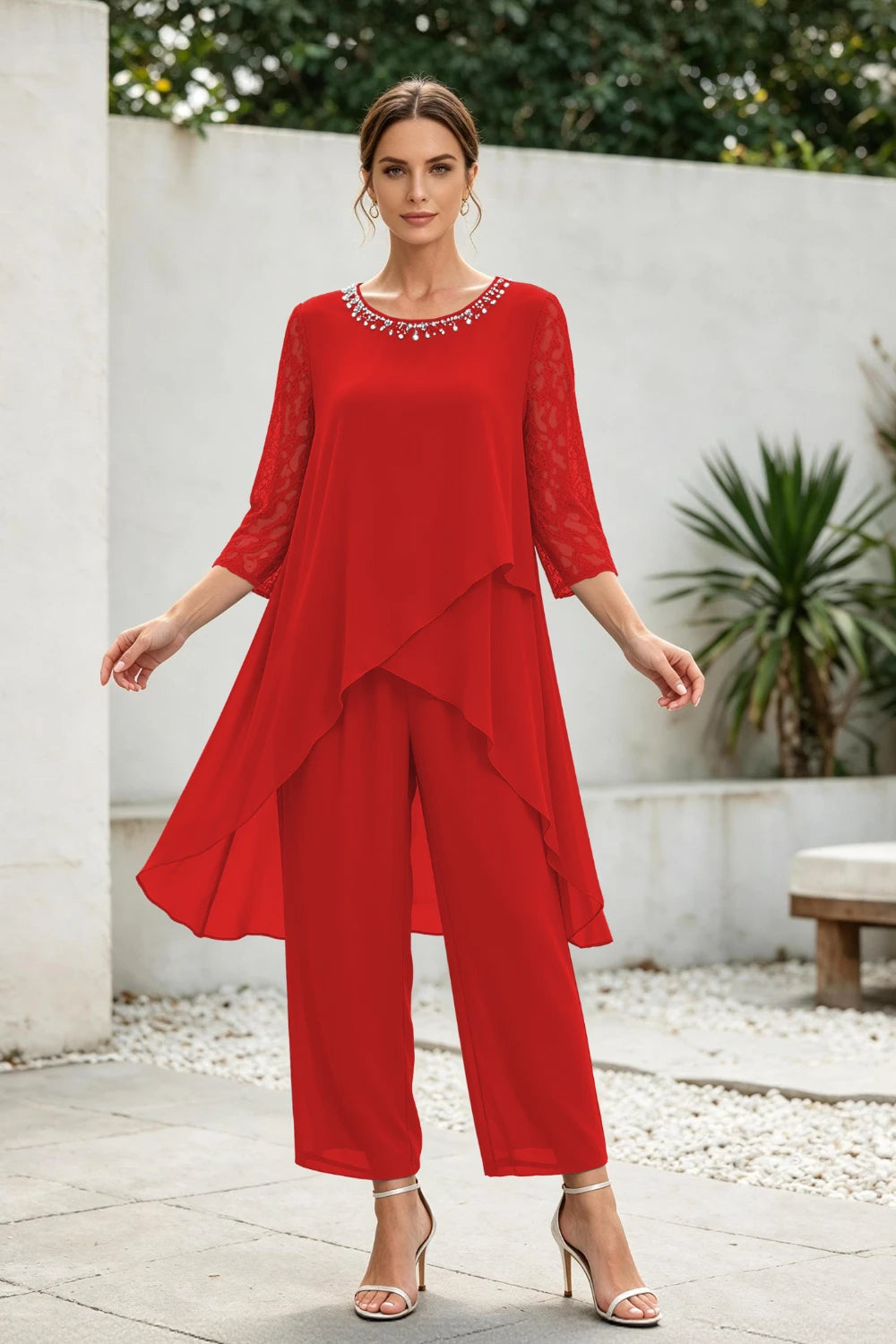 Dusty Blue Cross-Tier Lace-Sleeve Chiffon Pant Suit