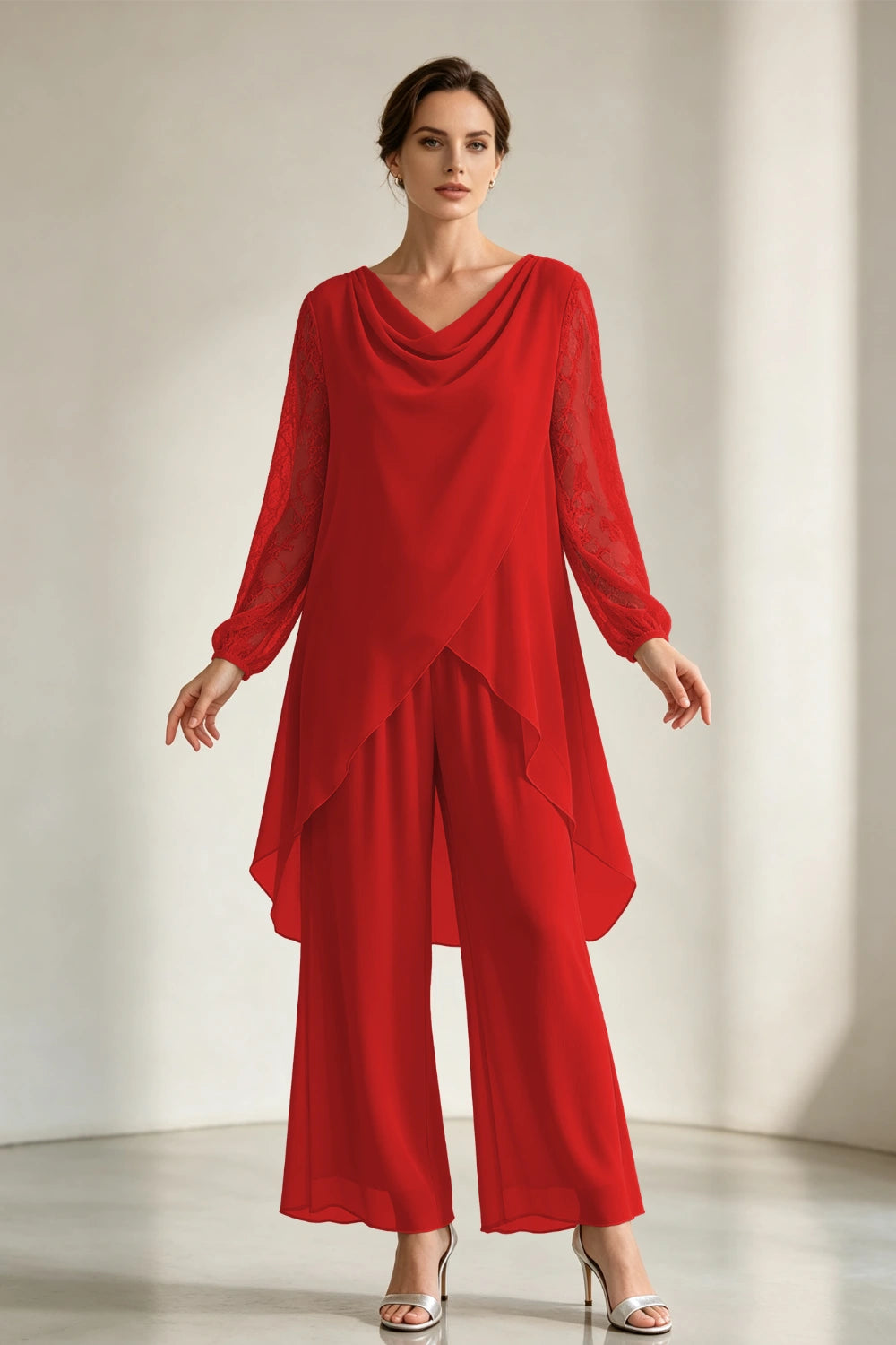 Champagne Draped Cowl Neck Chiffon Pant Suit
